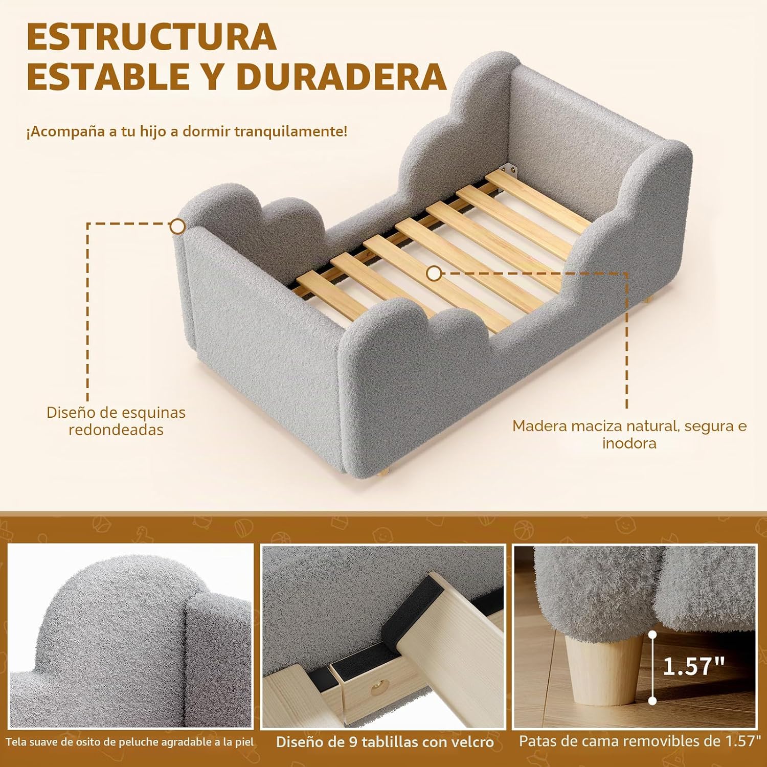 Cama para niños pequeños, marco de cama para niños, camas estándar para niños de hasta 3 años para niñas y niños, camas de piso Montessori (sin colchón)