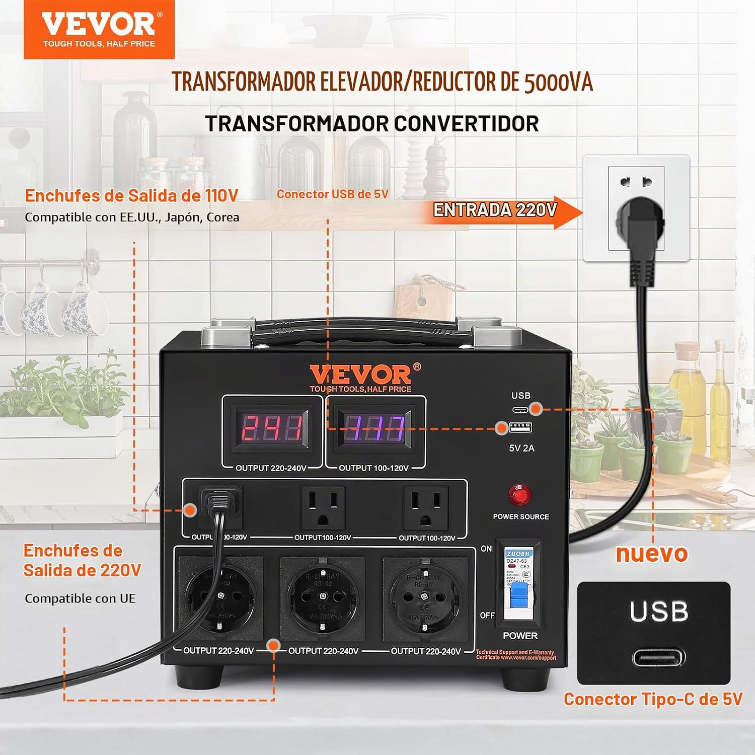 VEVOR Transformador Convertidor de Voltaje, 5000W, Transformador de Servicio Pesado Elevador/Reductor, Convierte de 110 Voltios a 220 Voltios y de 220 Voltios a 110 Voltios, con Toma de EE.UU., Toma | Power Converter of 110V to 220V & 220V to 110V, with U
