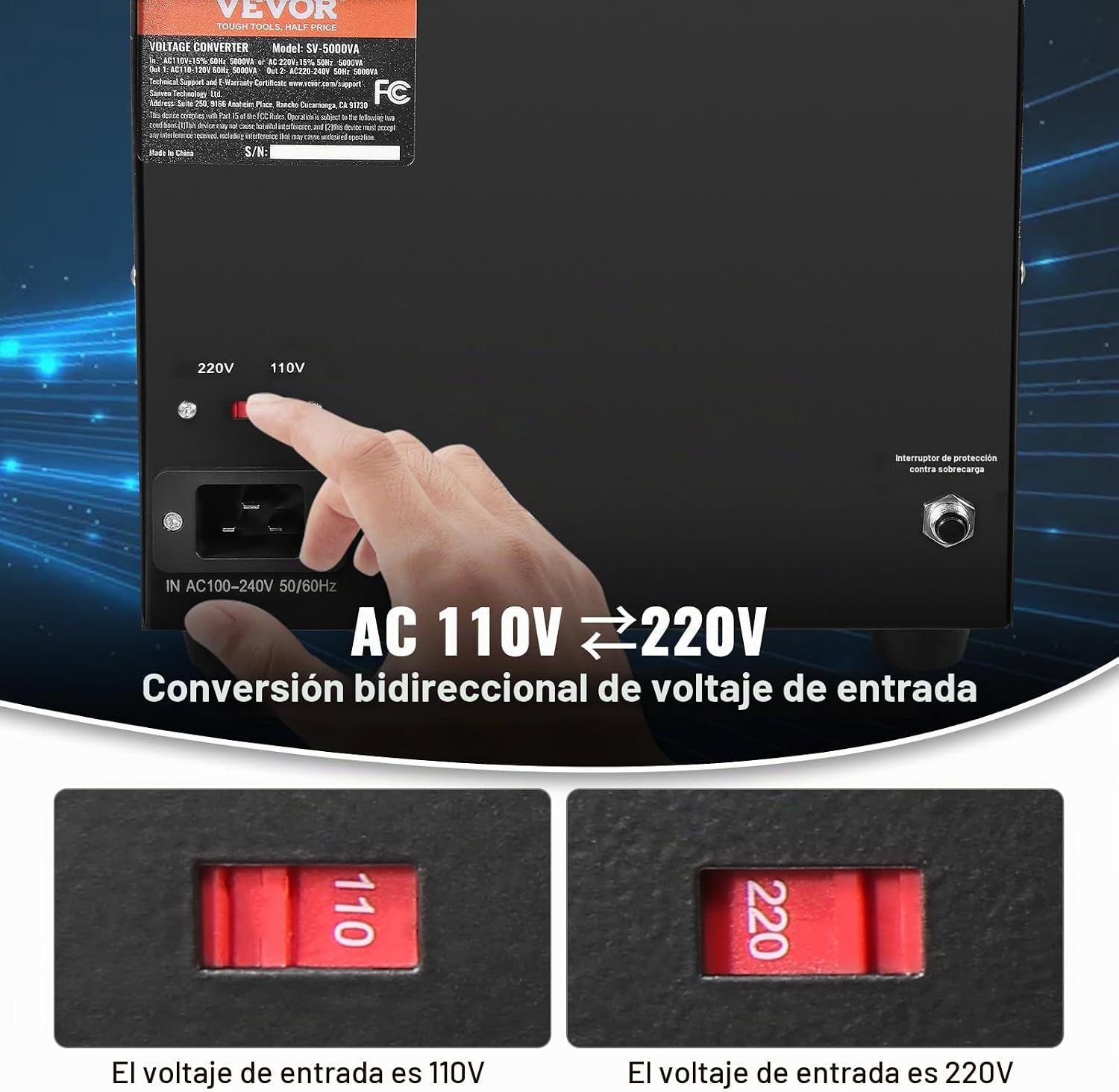 VEVOR Transformador Convertidor de Voltaje, 5000W, Transformador de Servicio Pesado Elevador/Reductor, Convierte de 110 Voltios a 220 Voltios y de 220 Voltios a 110 Voltios, con Toma de EE.UU., Toma | Power Converter of 110V to 220V & 220V to 110V, with U