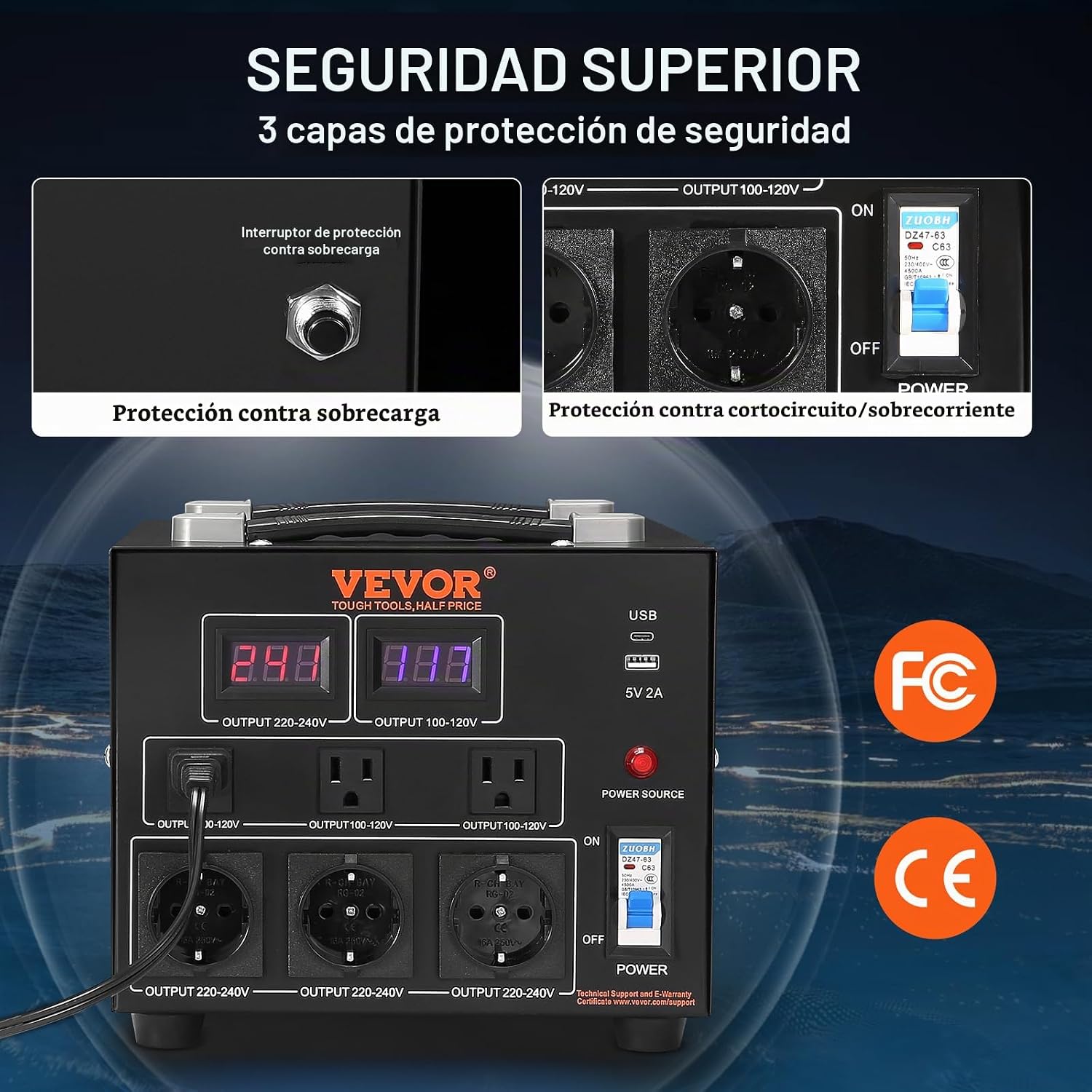 VEVOR Transformador Convertidor de Voltaje, 5000W, Transformador de Servicio Pesado Elevador/Reductor, Convierte de 110 Voltios a 220 Voltios y de 220 Voltios a 110 Voltios, con Toma de EE.UU., Toma | Power Converter of 110V to 220V & 220V to 110V, with U