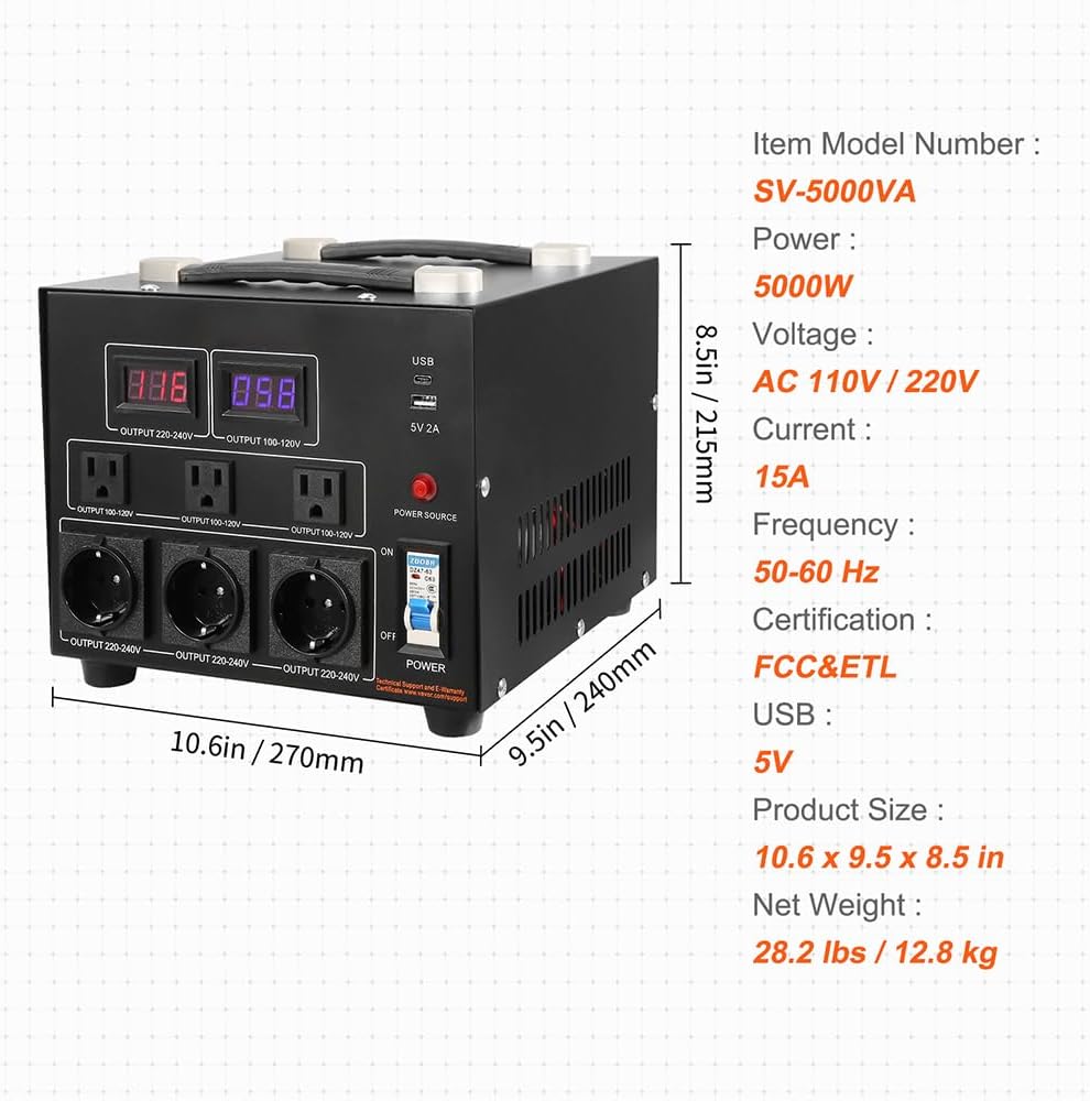 VEVOR Transformador Convertidor de Voltaje, 5000W, Transformador de Servicio Pesado Elevador/Reductor, Convierte de 110 Voltios a 220 Voltios y de 220 Voltios a 110 Voltios, con Toma de EE.UU., Toma | Power Converter of 110V to 220V & 220V to 110V, with U