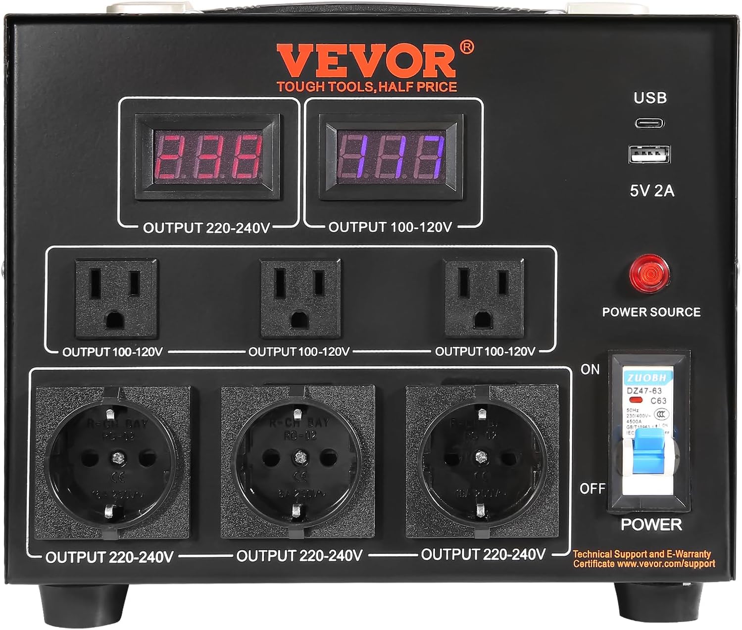 VEVOR Transformador Convertidor de Voltaje, 5000W, Transformador de Servicio Pesado Elevador/Reductor, Convierte de 110 Voltios a 220 Voltios y de 220 Voltios a 110 Voltios, con Toma de EE.UU., Toma | Power Converter of 110V to 220V & 220V to 110V, with U