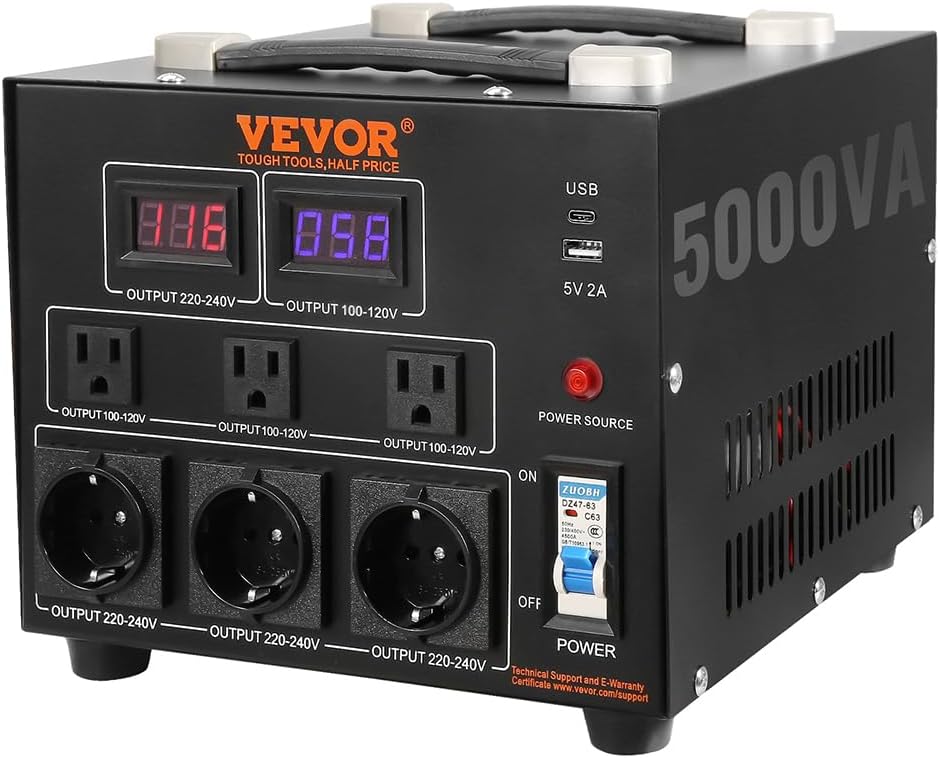 VEVOR Transformador Convertidor de Voltaje, 5000W, Transformador de Servicio Pesado Elevador/Reductor, Convierte de 110 Voltios a 220 Voltios y de 220 Voltios a 110 Voltios, con Toma de EE.UU., Toma | Power Converter of 110V to 220V & 220V to 110V, with U