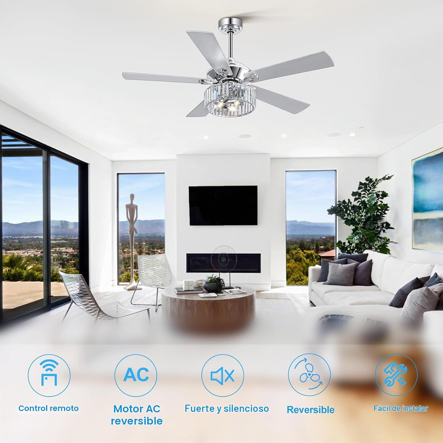 Ventilador de techo de 52 pulgadas con control remoto de luz de cristal, 5 aspas reversibles, motor de CC silencioso, 6 velocidades, temporizador, moderno candelabro de techo enjaulado de