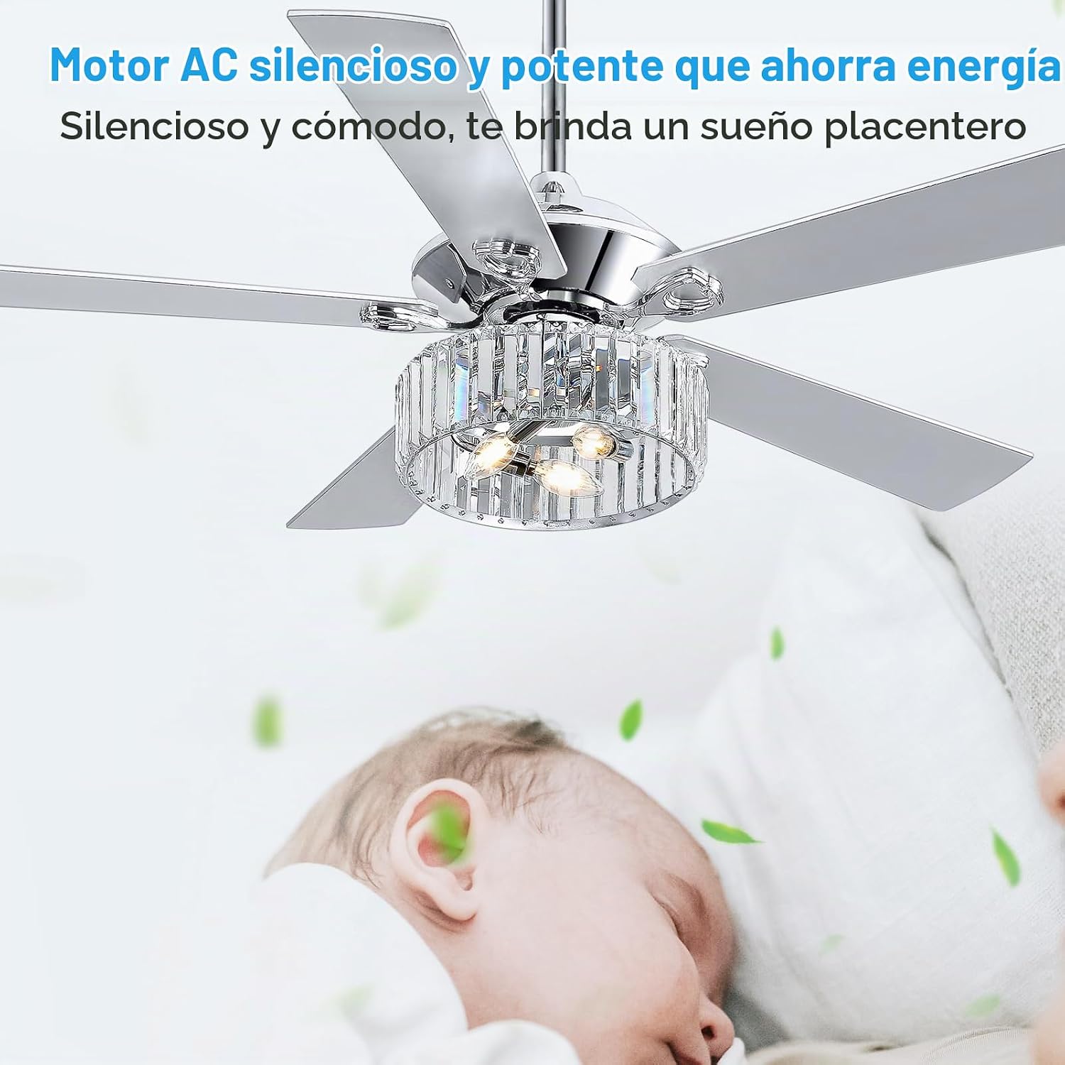 Ventilador de techo de 52 pulgadas con control remoto de luz de cristal, 5 aspas reversibles, motor de CC silencioso, 6 velocidades, temporizador, moderno candelabro de techo enjaulado de