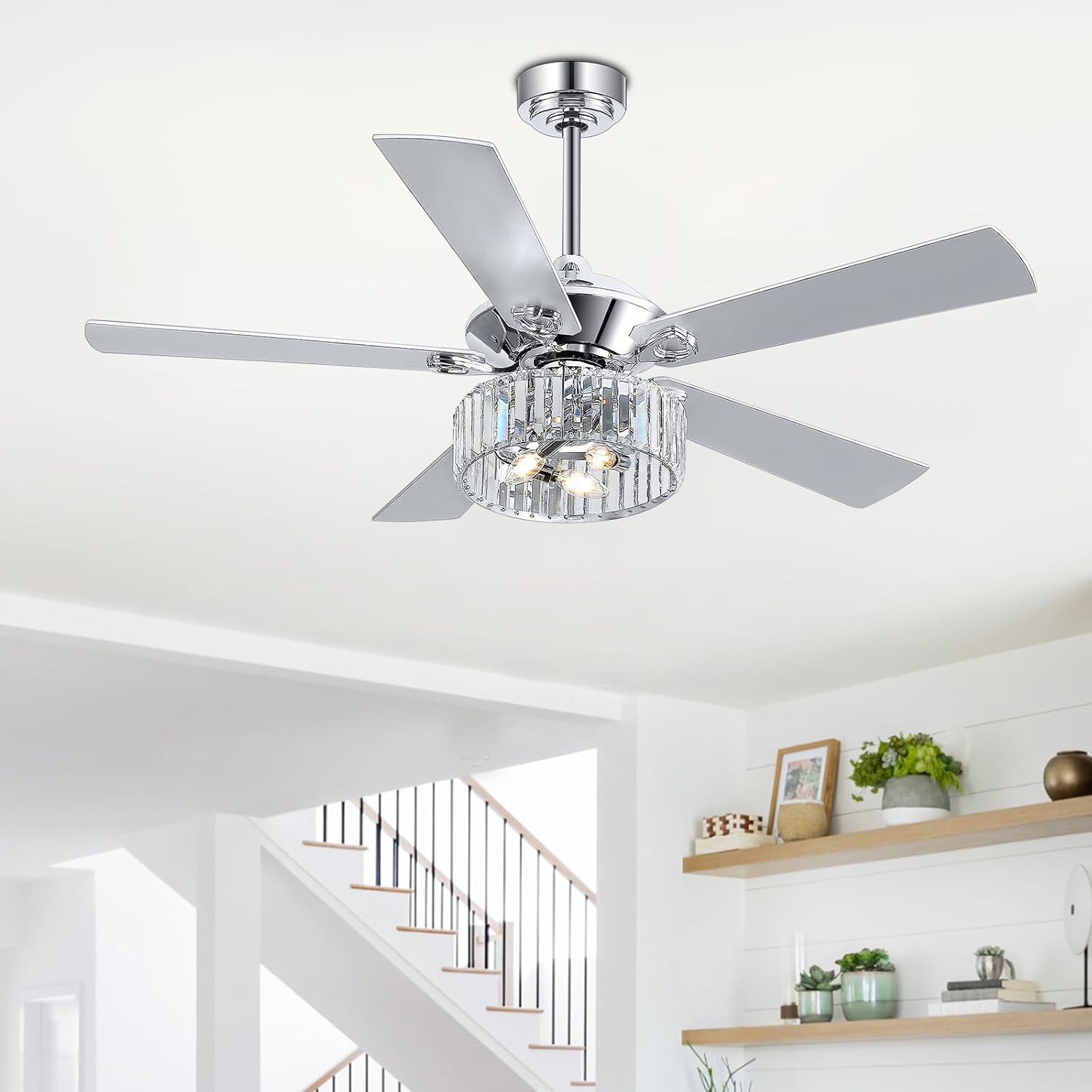 Ventilador de techo de 52 pulgadas con control remoto de luz de cristal, 5 aspas reversibles, motor de CC silencioso, 6 velocidades, temporizador, moderno candelabro de techo enjaulado de