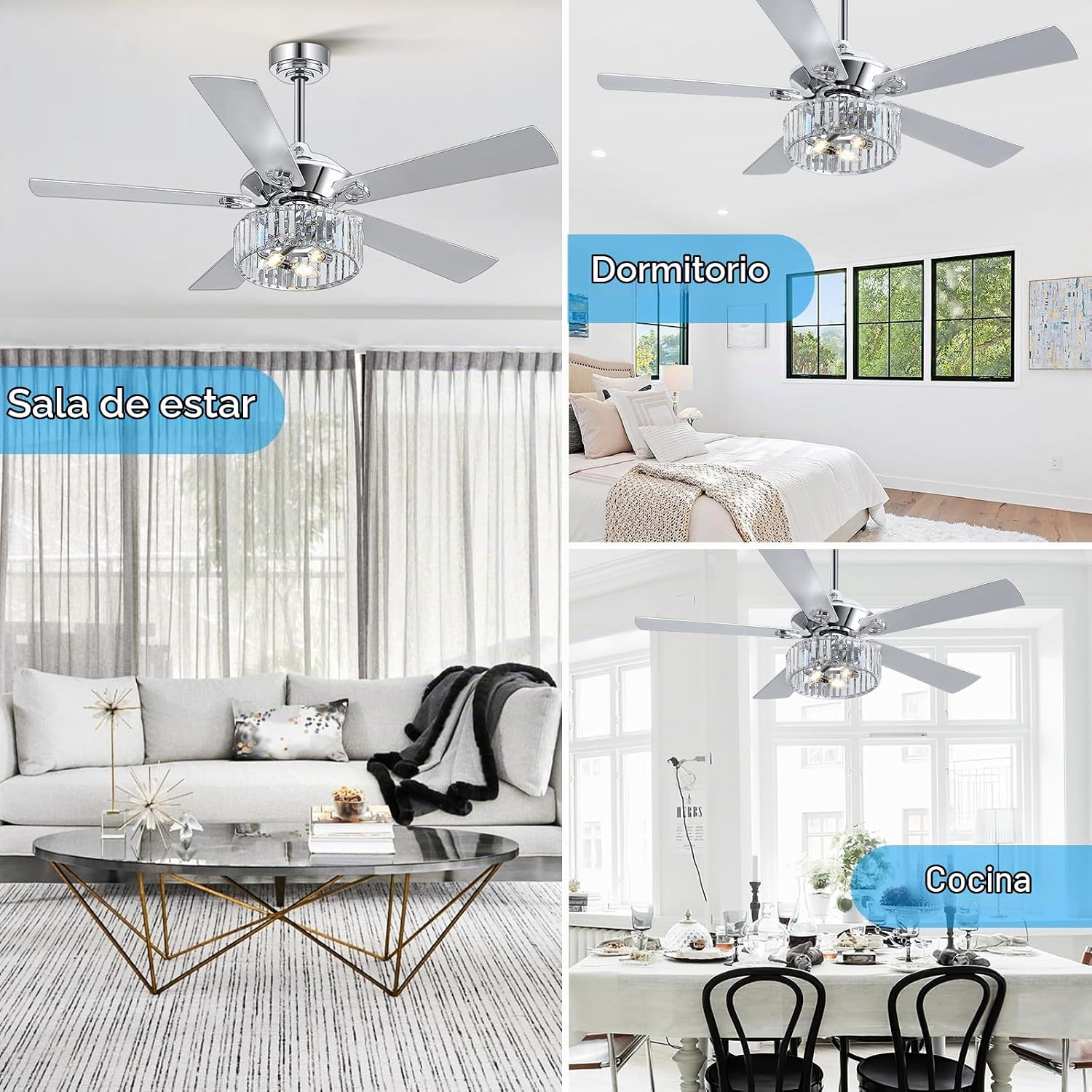 Ventilador de techo de 52 pulgadas con control remoto de luz de cristal, 5 aspas reversibles, motor de CC silencioso, 6 velocidades, temporizador, moderno candelabro de techo enjaulado de