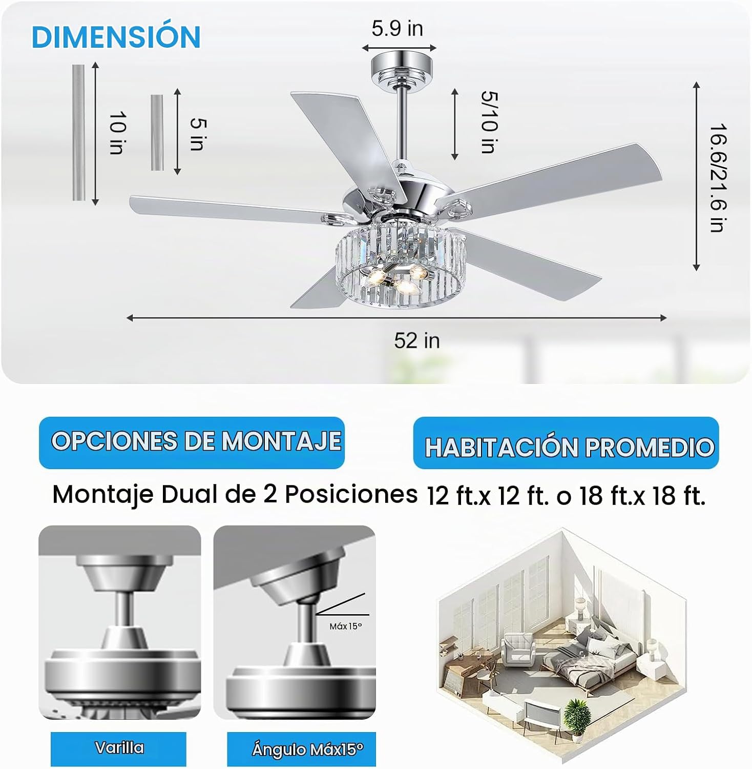 Ventilador de techo de 52 pulgadas con control remoto de luz de cristal, 5 aspas reversibles, motor de CC silencioso, 6 velocidades, temporizador, moderno candelabro de techo enjaulado de