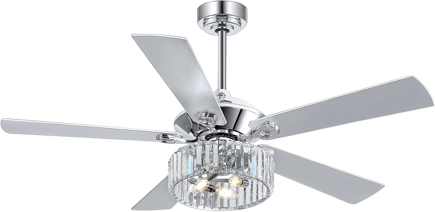 Ventilador de techo de 52 pulgadas con control remoto de luz de cristal, 5 aspas reversibles, motor de CC silencioso, 6 velocidades, temporizador, moderno candelabro de techo enjaulado de