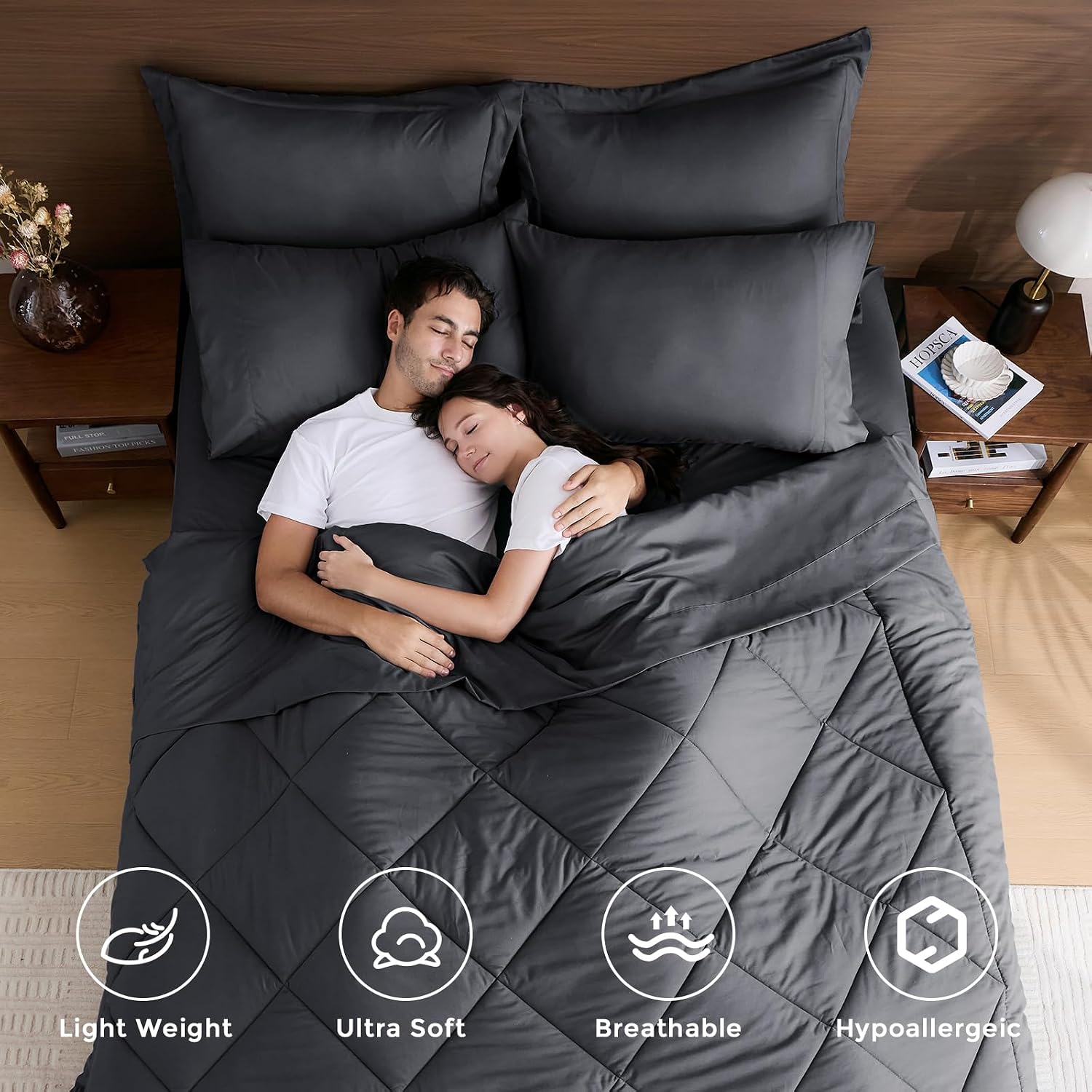 Juego de 7 piezas de edredón Queen, juego de ropa de cama reversible para todas las estaciones en una bolsa, juego de ropa de cama Queen ultra suave con edredón gris, sábana plana, sábana | Reversible, All-Season, Soft, 7 Piece Set, All-Season Reversible