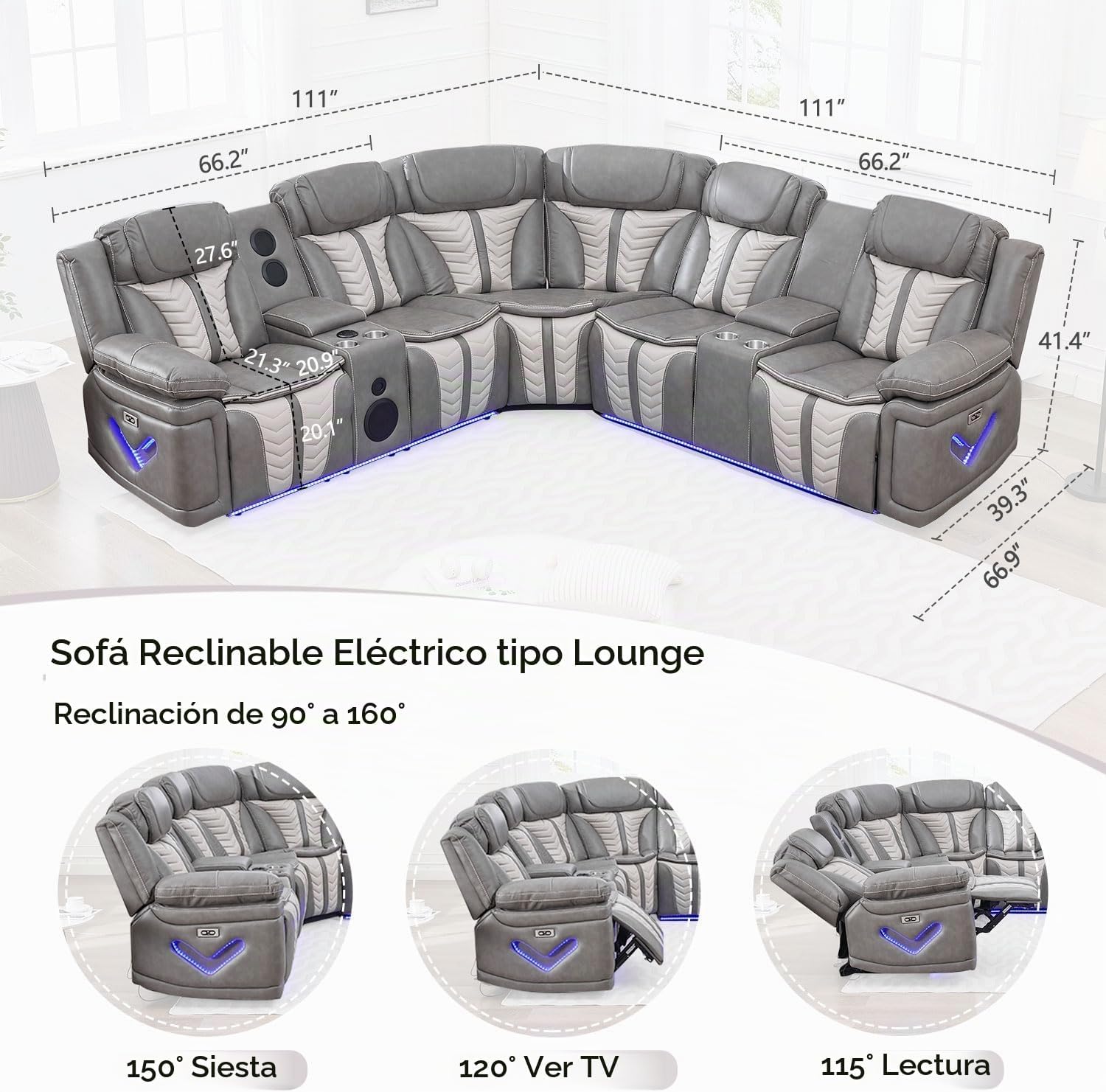 Sofá reclinable eléctrico eléctrico con altavoces de graves para sala de estar, juegos de sofás seccionales reclinables de piel sintética con luces LED, seccionales de cine en casa con reclinables