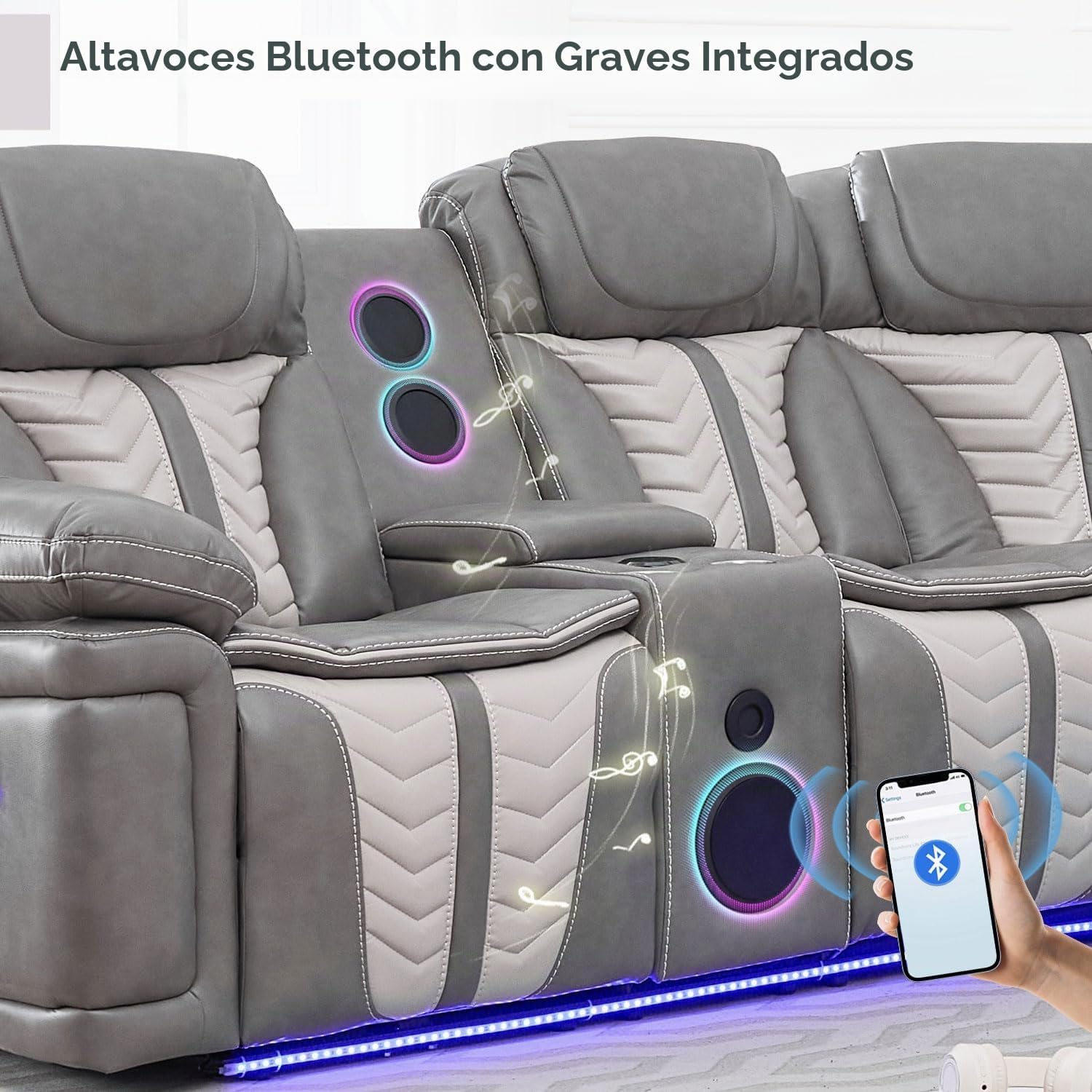 Sofá reclinable eléctrico eléctrico con altavoces de graves para sala de estar, juegos de sofás seccionales reclinables de piel sintética con luces LED, seccionales de cine en casa con reclinables