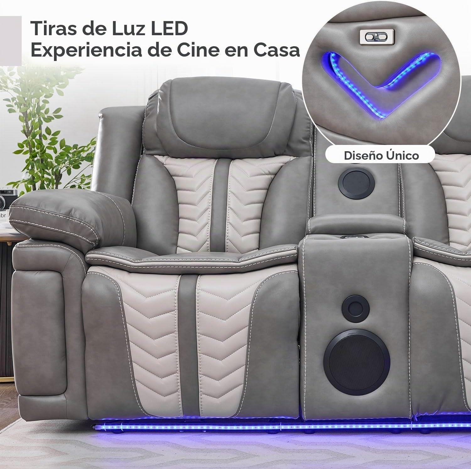 Sofá reclinable eléctrico eléctrico con altavoces de graves para sala de estar, juegos de sofás seccionales reclinables de piel sintética con luces LED, seccionales de cine en casa con reclinables