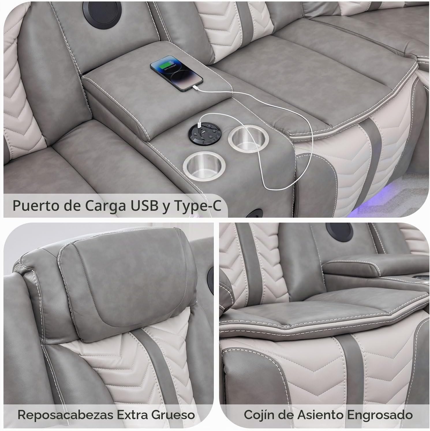Sofá reclinable eléctrico eléctrico con altavoces de graves para sala de estar, juegos de sofás seccionales reclinables de piel sintética con luces LED, seccionales de cine en casa con reclinables
