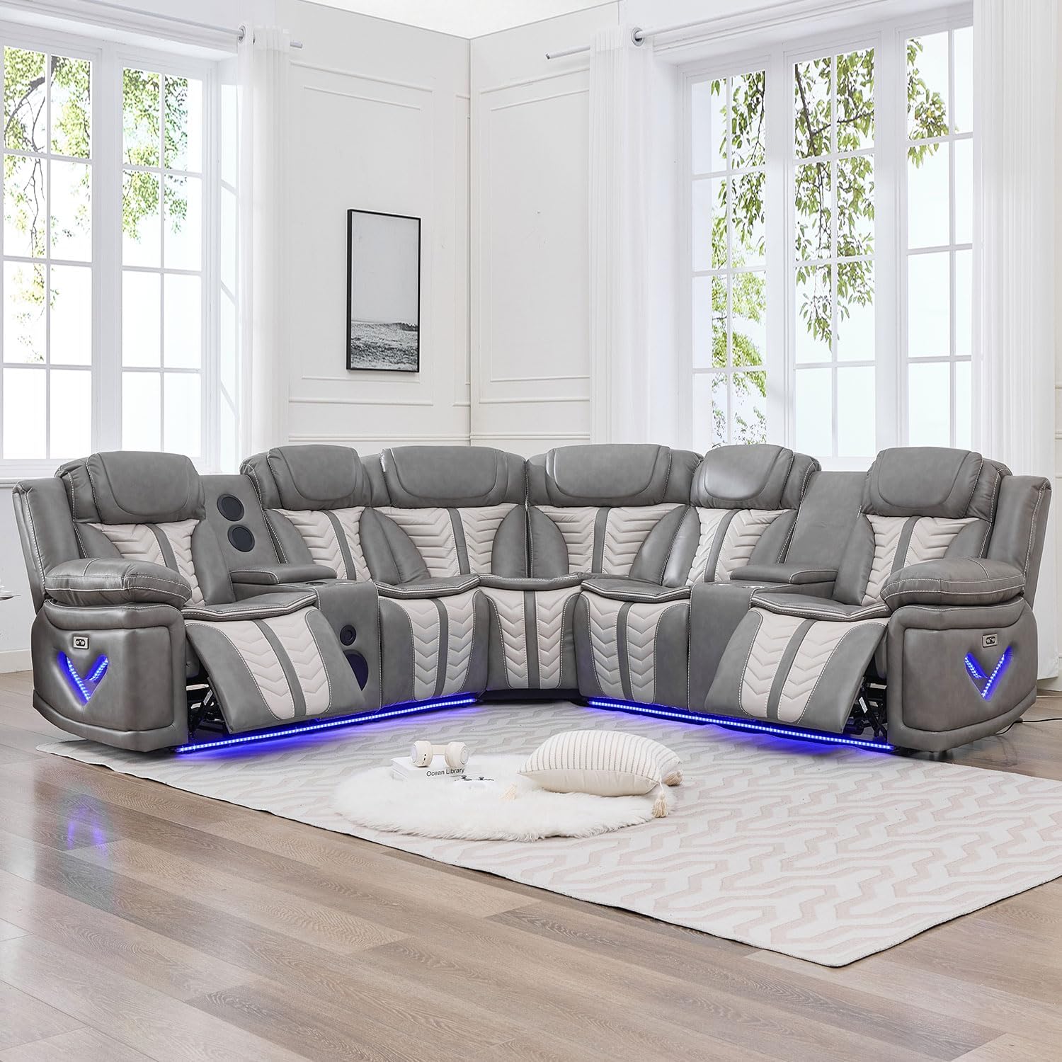 Sofá reclinable eléctrico eléctrico con altavoces de graves para sala de estar, juegos de sofás seccionales reclinables de piel sintética con luces LED, seccionales de cine en casa con reclinables