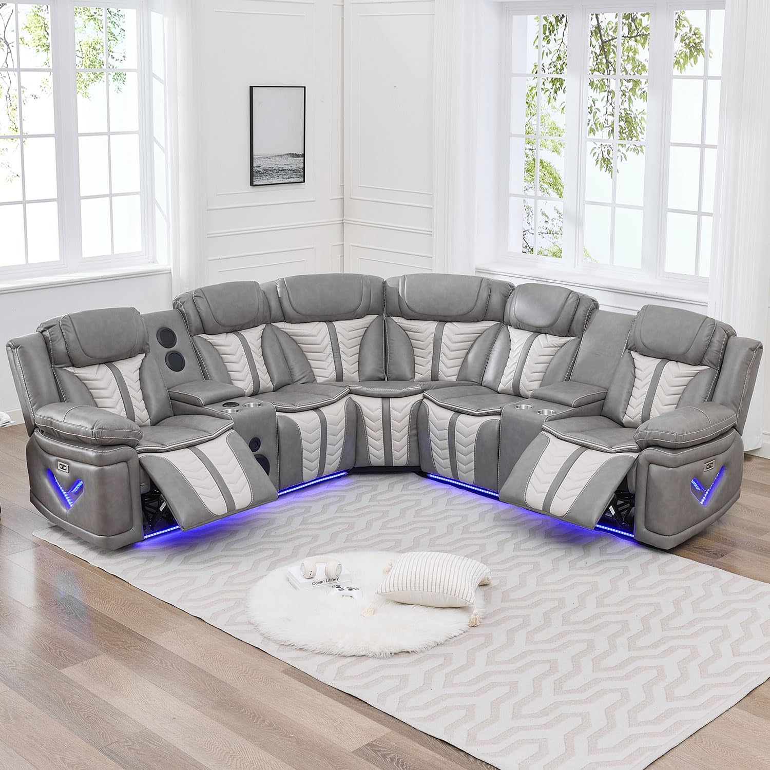 Sofá reclinable eléctrico eléctrico con altavoces de graves para sala de estar, juegos de sofás seccionales reclinables de piel sintética con luces LED, seccionales de cine en casa con reclinables