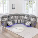 Sofá reclinable eléctrico eléctrico con altavoces de graves para sala de estar, juegos de sofás seccionales reclinables de piel sintética con luces LED, seccionales de cine en casa con reclinables