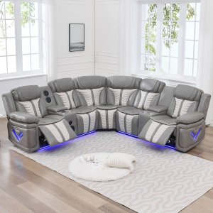 Sofá reclinable eléctrico eléctrico con altavoces de graves para sala de estar, juegos de sofás seccionales reclinables de piel sintética con luces LED, seccionales de cine en casa con reclinables