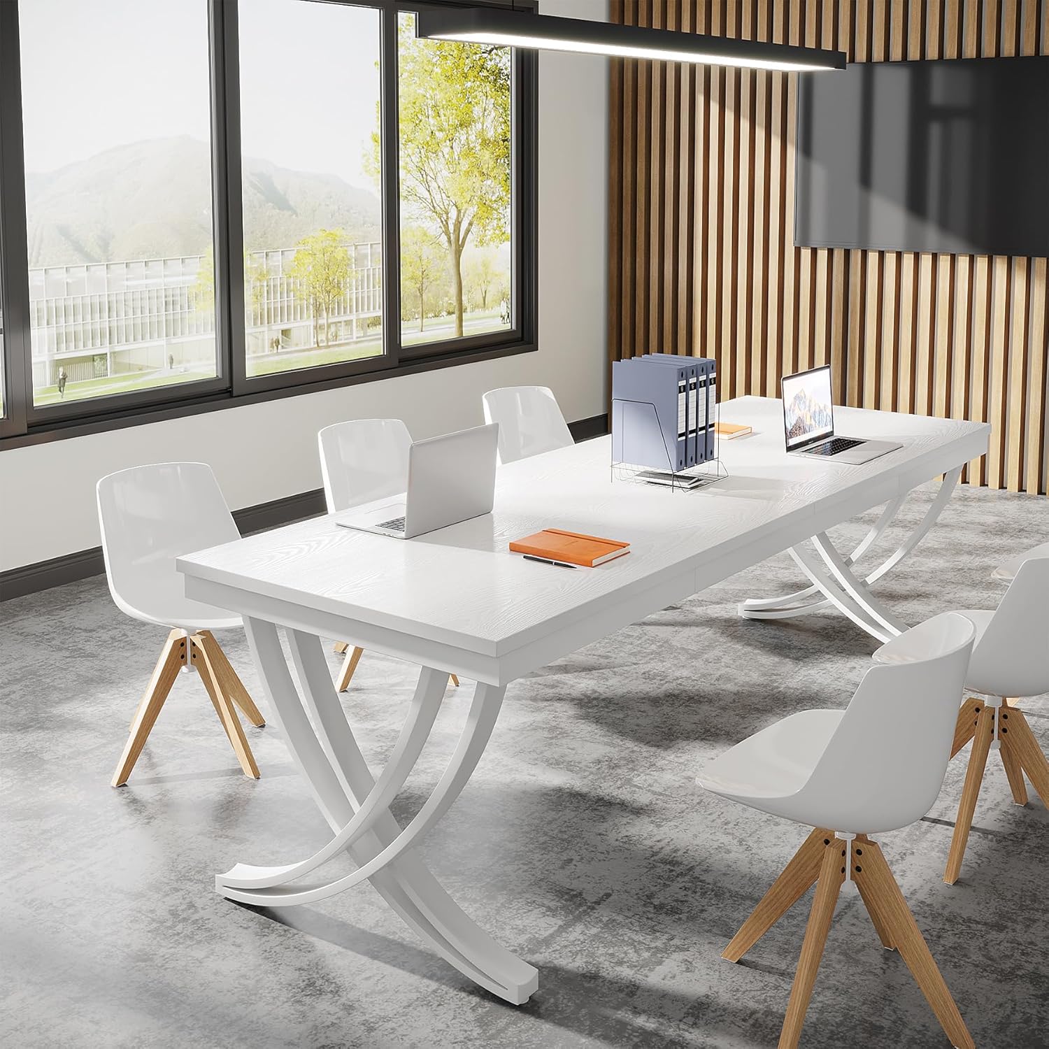 Mesa de conferencias de 6.5 pies para 6-8 personas, mesa rectangular de seminario de 78 pulgadas de largo con marco de metal fuerte, muebles de negocios, escritorio para sala de reuniones de oficina, sala de conferencias (1 unidad, blanco)