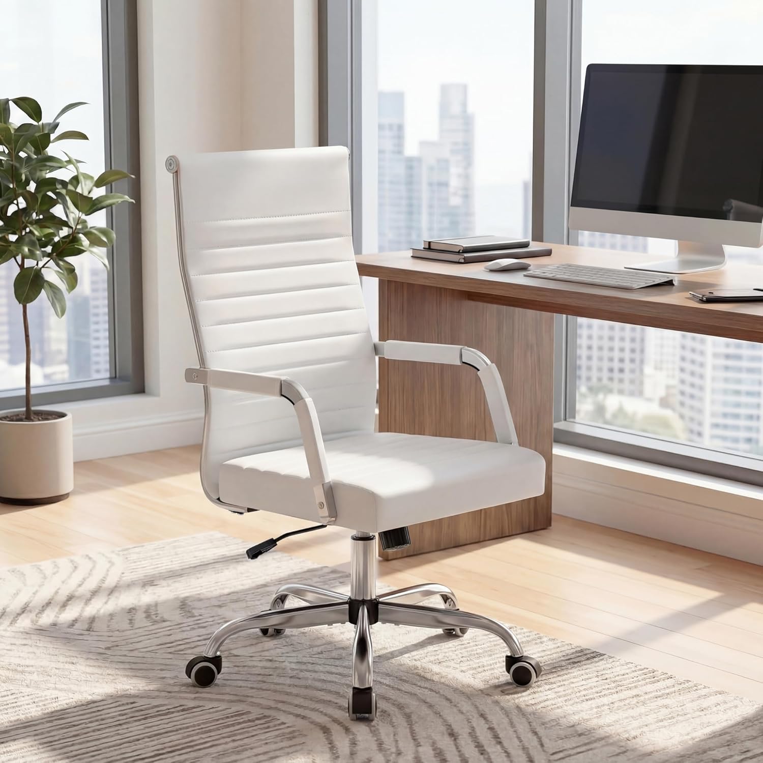 Furmax silla de escritorio de oficina acanalada con respaldo medio de piel sintética silla de trabajo ejecutiva de conferencia silla giratoria ajustable con brazos