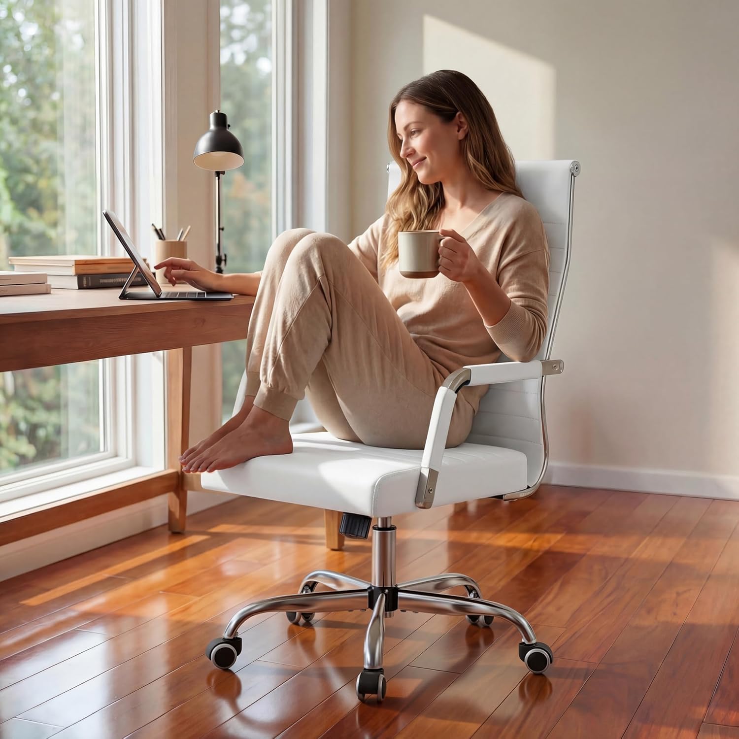 Furmax silla de escritorio de oficina acanalada con respaldo medio de piel sintética silla de trabajo ejecutiva de conferencia silla giratoria ajustable con brazos
