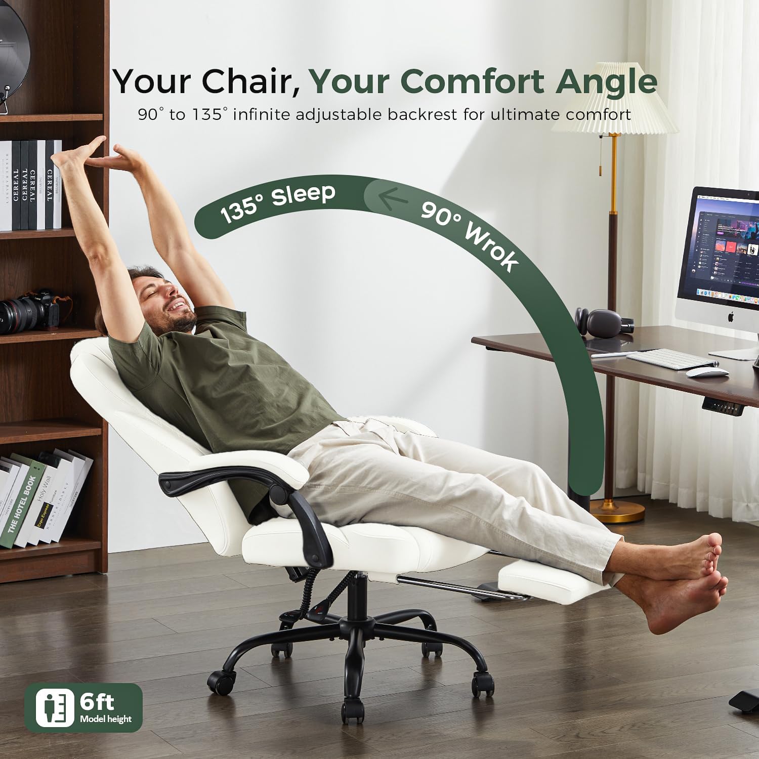 amseatec Silla de oficina, silla de oficina grande y alta con reposapiés, silla ergonómica, sillas de escritorio de oficina en casa, silla reclinable de cuero con respaldo alto con soporte lumbar | Ergonomic Leather High Back, Infinite Lock Reclining 90°-