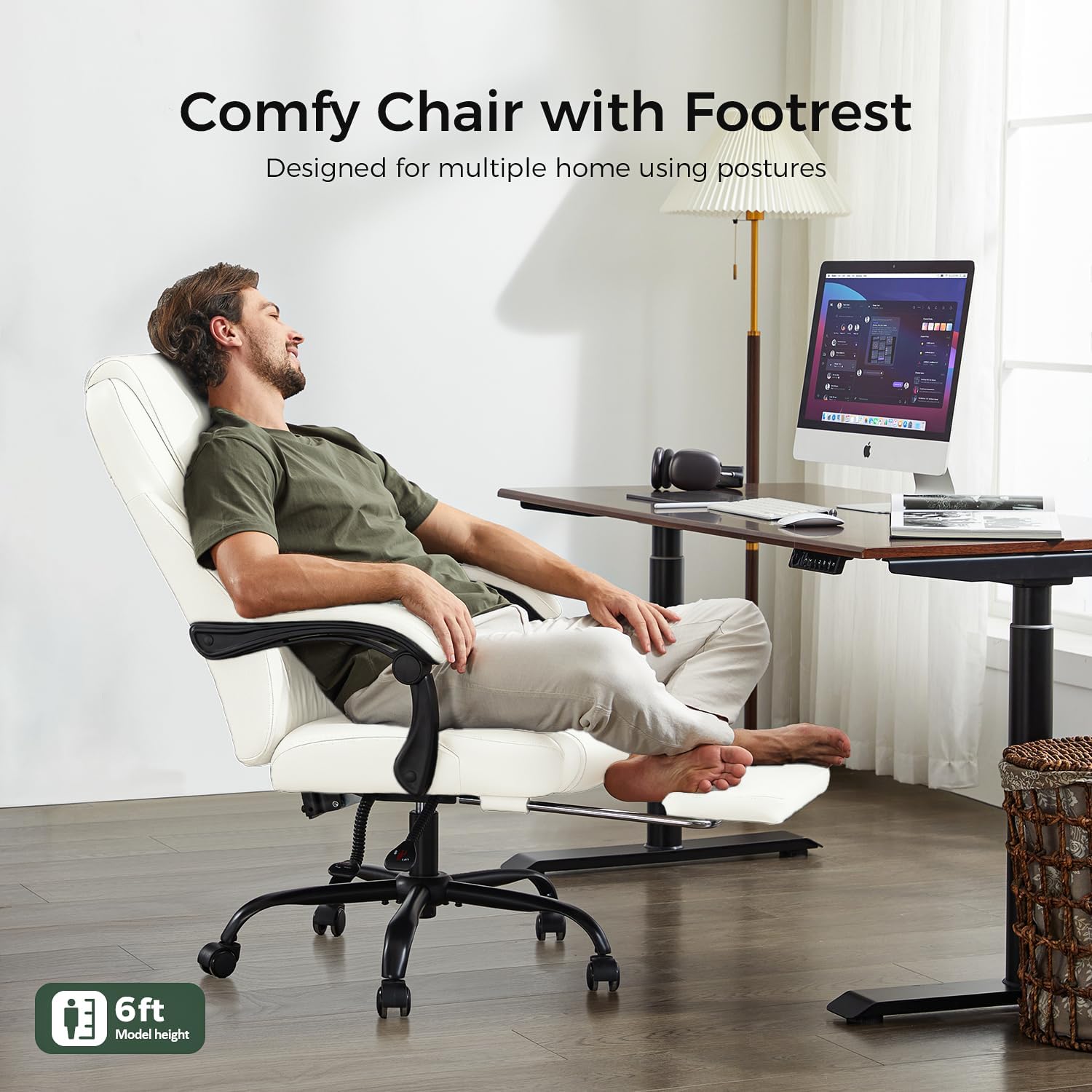 amseatec Silla de oficina, silla de oficina grande y alta con reposapiés, silla ergonómica, sillas de escritorio de oficina en casa, silla reclinable de cuero con respaldo alto con soporte lumbar | Ergonomic Leather High Back, Infinite Lock Reclining 90°-