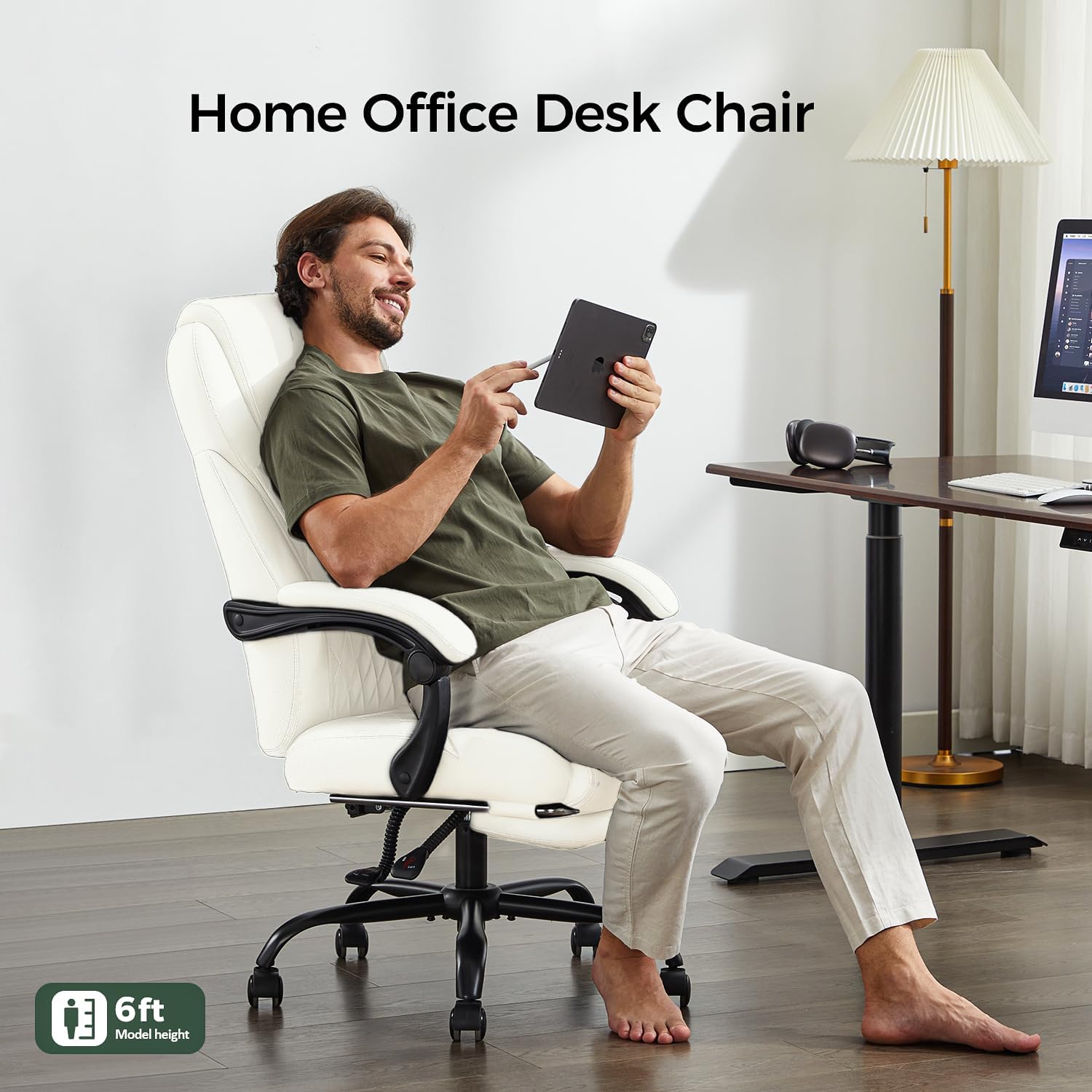 amseatec Silla de oficina, silla de oficina grande y alta con reposapiés, silla ergonómica, sillas de escritorio de oficina en casa, silla reclinable de cuero con respaldo alto con soporte lumbar | Ergonomic Leather High Back, Infinite Lock Reclining 90°-