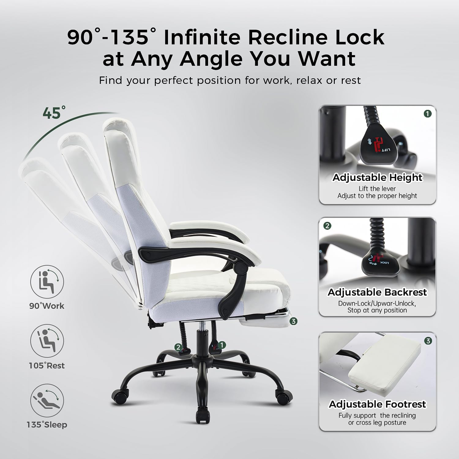 amseatec Silla de oficina, silla de oficina grande y alta con reposapiés, silla ergonómica, sillas de escritorio de oficina en casa, silla reclinable de cuero con respaldo alto con soporte lumbar | Ergonomic Leather High Back, Infinite Lock Reclining 90°-