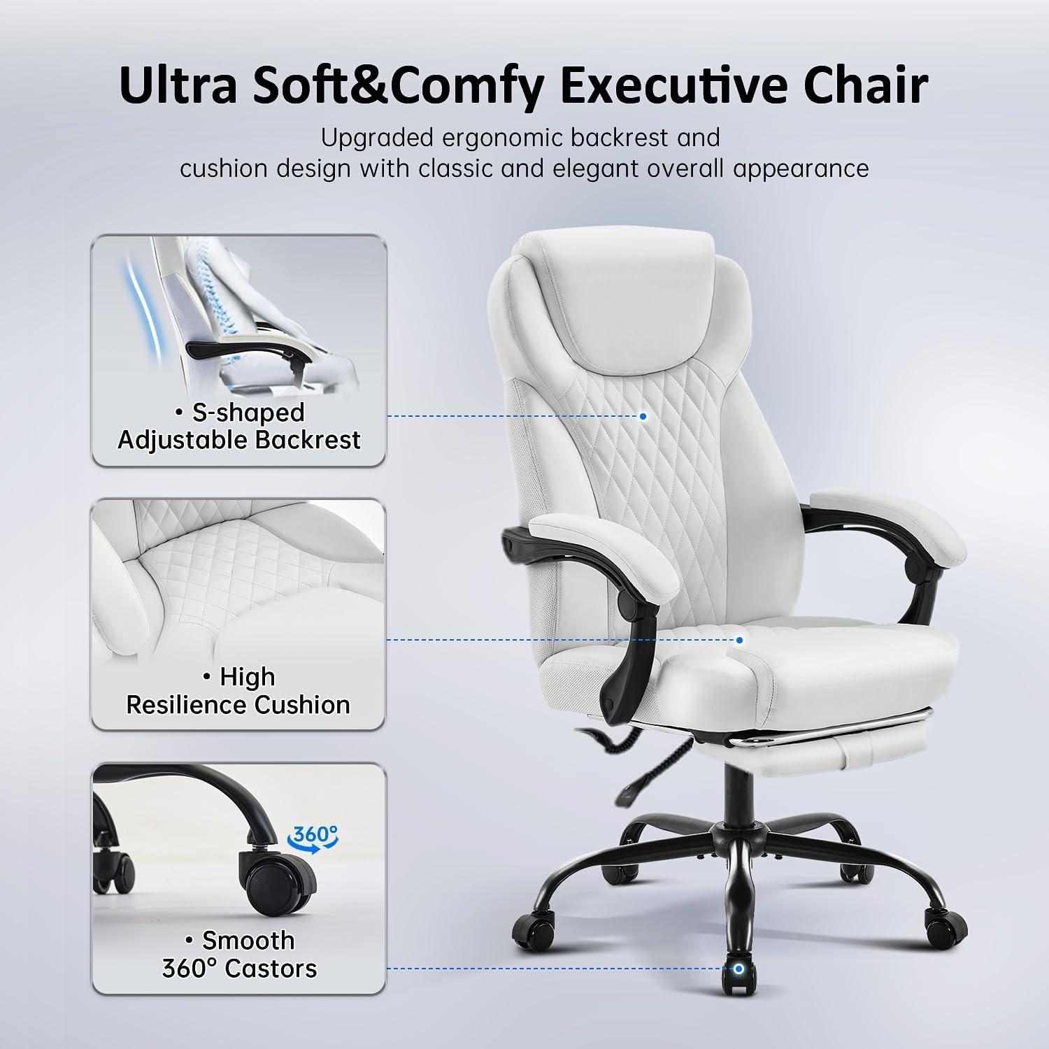amseatec Silla de oficina, silla de oficina grande y alta con reposapiés, silla ergonómica, sillas de escritorio de oficina en casa, silla reclinable de cuero con respaldo alto con soporte lumbar | Ergonomic Leather High Back, Infinite Lock Reclining 90°-