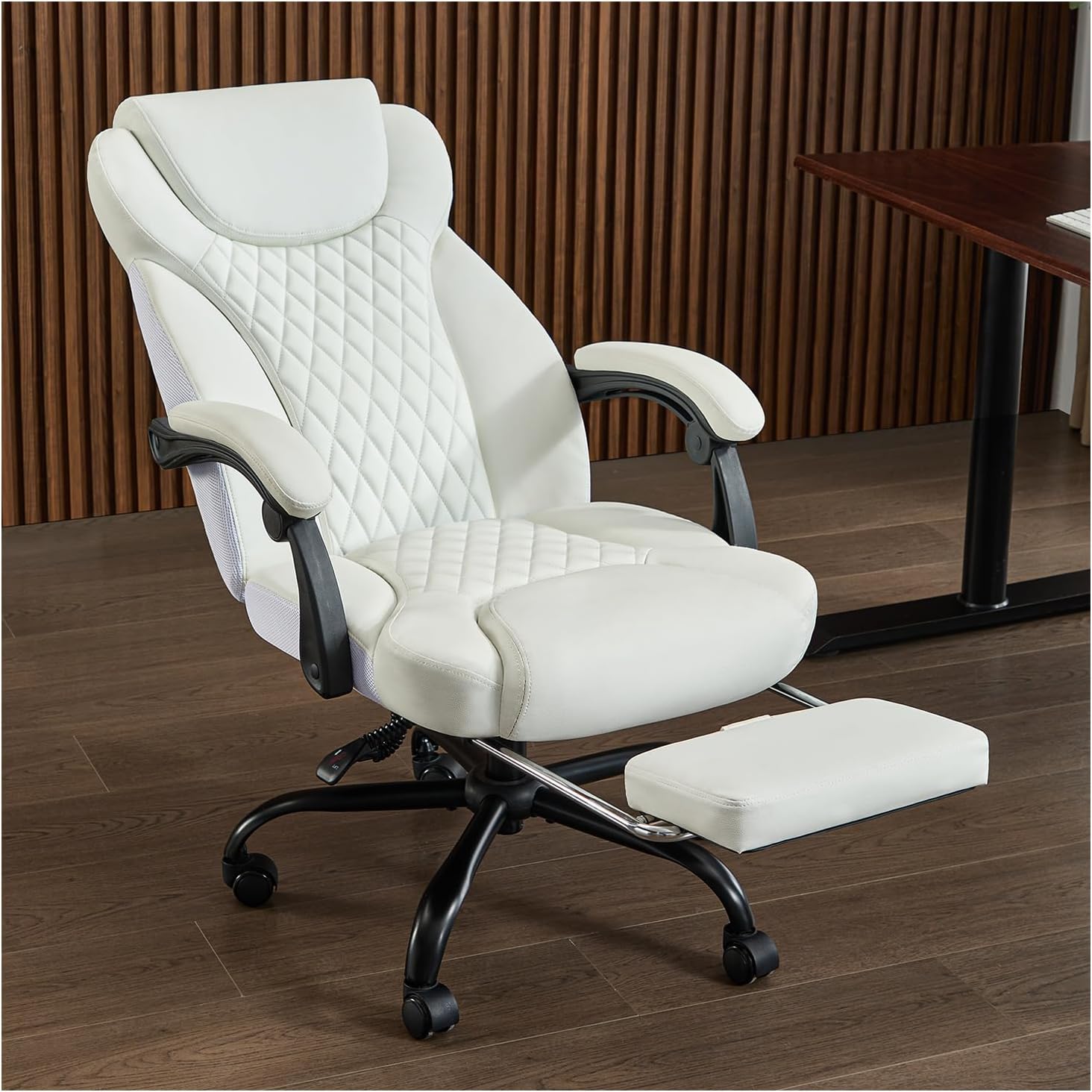 amseatec Silla de oficina, silla de oficina grande y alta con reposapiés, silla ergonómica, sillas de escritorio de oficina en casa, silla reclinable de cuero con respaldo alto con soporte lumbar | Ergonomic Leather High Back, Infinite Lock Reclining 90°-