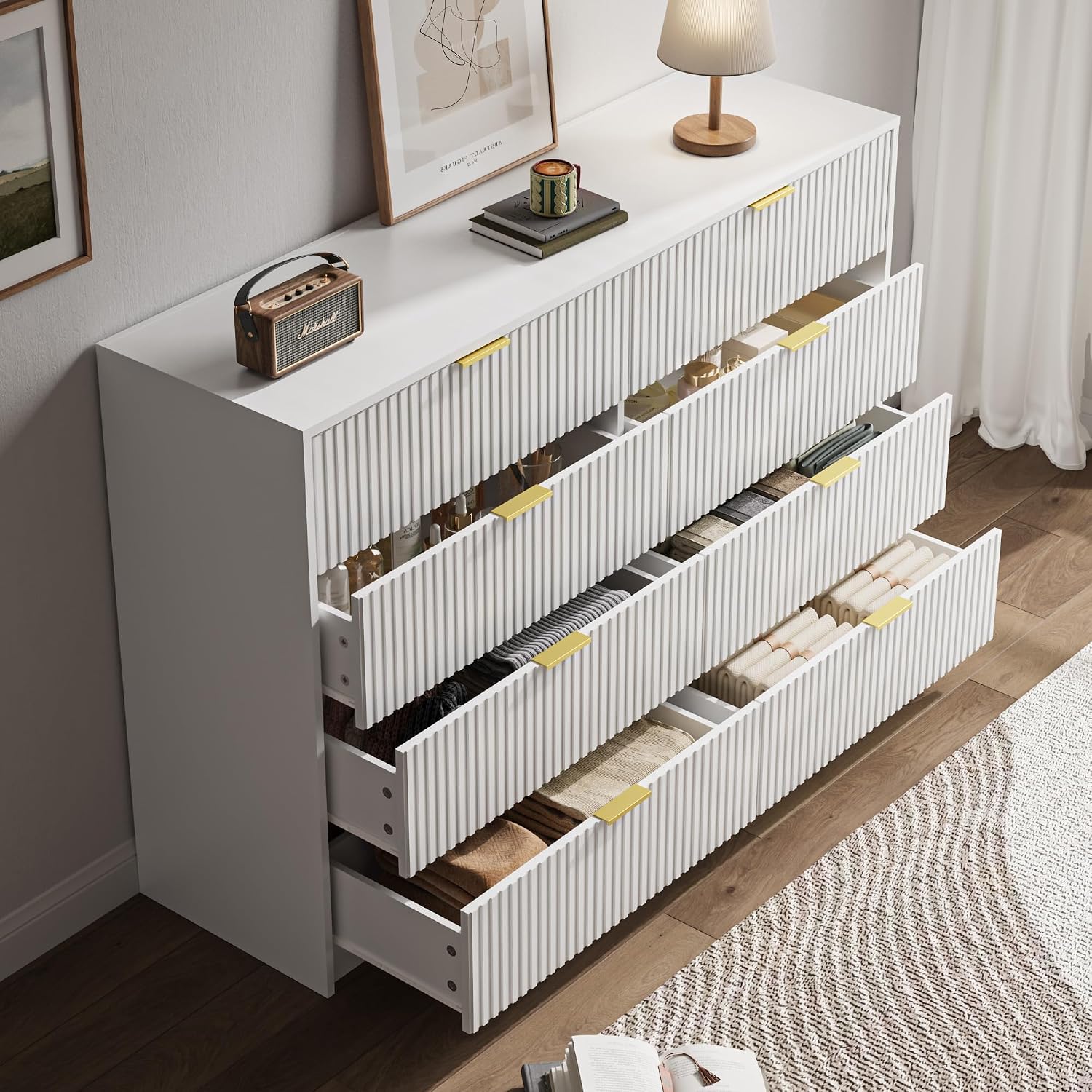 MAISONARIA Cómoda blanca para dormitorio, cómoda doble de 8 cajones, cómoda moderna para dormitorio, sala de estar, entrada y armario, 55 pulgadas de largo x 15.7 pulgadas de profundidad x 37.4 pulgadas de alto