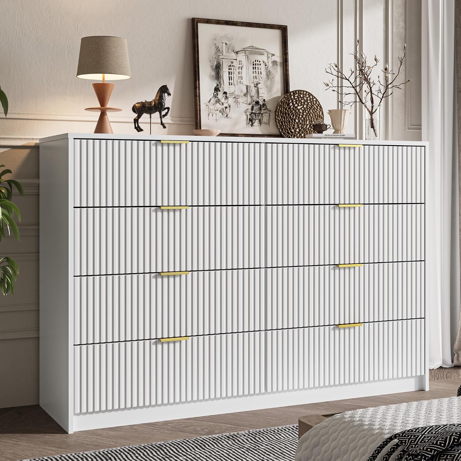 MAISONARIA Cómoda blanca para dormitorio, cómoda doble de 8 cajones, cómoda moderna para dormitorio, sala de estar, entrada y armario, 55 pulgadas de largo x 15.7 pulgadas de profundidad x 37.4 pulgadas de alto