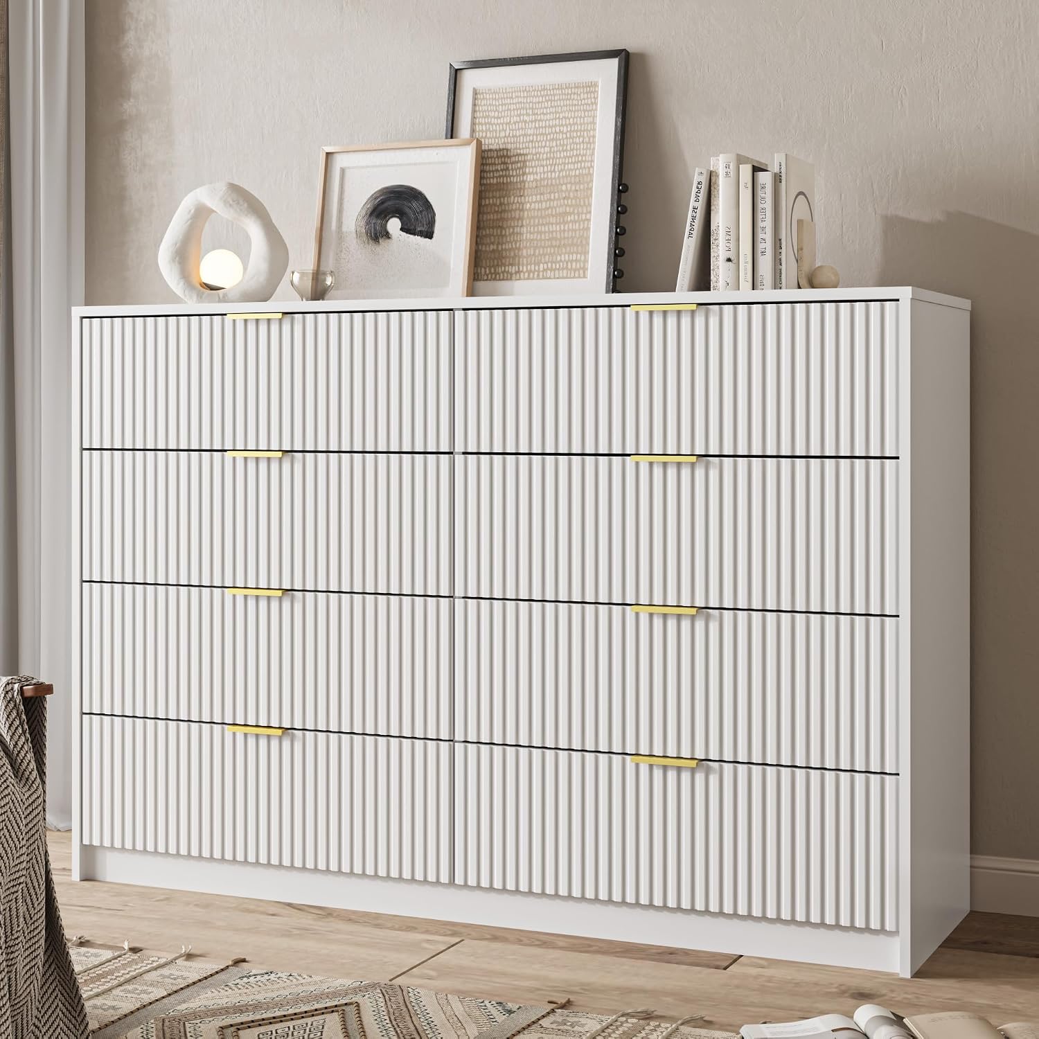 MAISONARIA Cómoda blanca para dormitorio, cómoda doble de 8 cajones, cómoda moderna para dormitorio, sala de estar, entrada y armario, 55 pulgadas de largo x 15.7 pulgadas de profundidad x 37.4 pulgadas de alto
