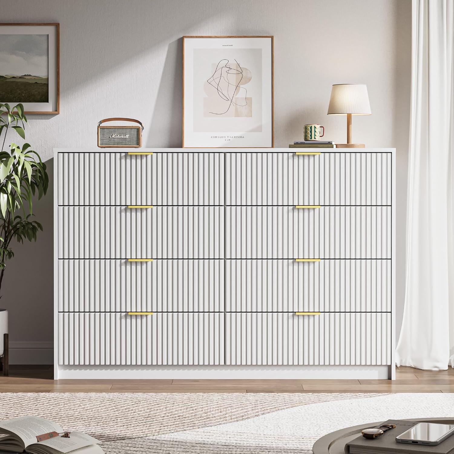 MAISONARIA Cómoda blanca para dormitorio, cómoda doble de 8 cajones, cómoda moderna para dormitorio, sala de estar, entrada y armario, 55 pulgadas de largo x 15.7 pulgadas de profundidad x 37.4 pulgadas de alto