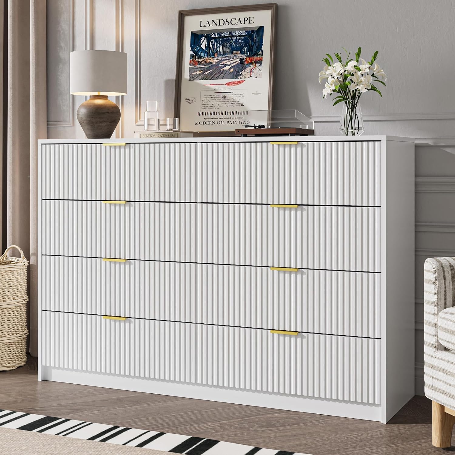 MAISONARIA Cómoda blanca para dormitorio, cómoda doble de 8 cajones, cómoda moderna para dormitorio, sala de estar, entrada y armario, 55 pulgadas de largo x 15.7 pulgadas de profundidad x 37.4 pulgadas de alto