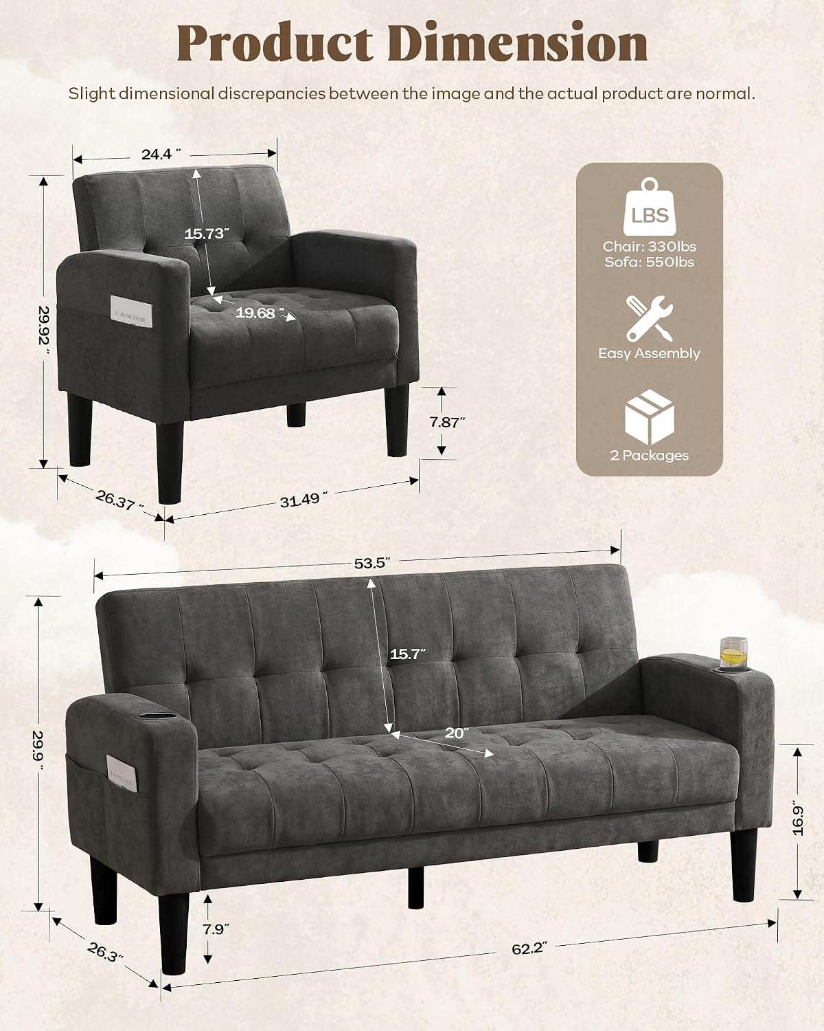 AILEEKISS Juego de 2 sofás de sala de estar de 56 pulgadas de ancho con 2 USB y reposabrazos extraíbles, tela moderna, juego de 2 sofás seccionales para apartamento, espacio pequeño, gris oscuro | AILEEKISS Button Tufted Upholstery Couch and Loveseat Set
