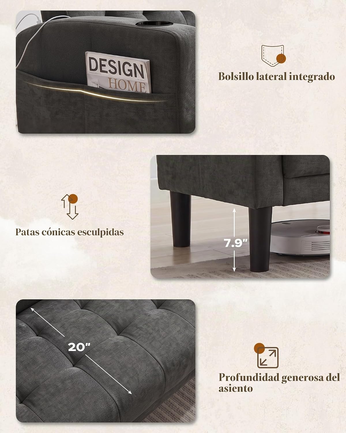 AILEEKISS Juego de 2 sofás de sala de estar de 56 pulgadas de ancho con 2 USB y reposabrazos extraíbles, tela moderna, juego de 2 sofás seccionales para apartamento, espacio pequeño, gris oscuro | AILEEKISS Button Tufted Upholstery Couch and Loveseat Set