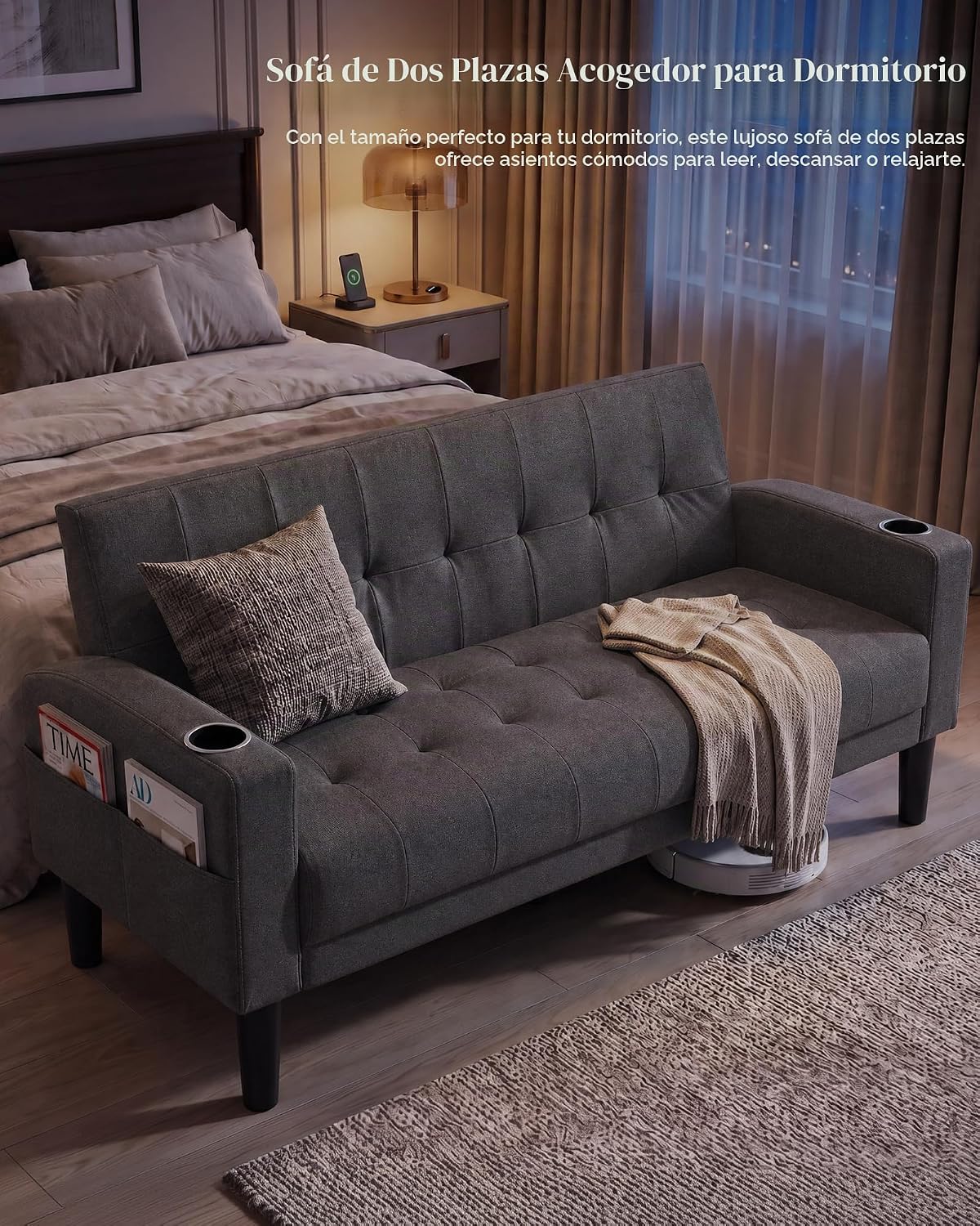 AILEEKISS Juego de 2 sofás de sala de estar de 56 pulgadas de ancho con 2 USB y reposabrazos extraíbles, tela moderna, juego de 2 sofás seccionales para apartamento, espacio pequeño, gris oscuro | AILEEKISS Button Tufted Upholstery Couch and Loveseat Set