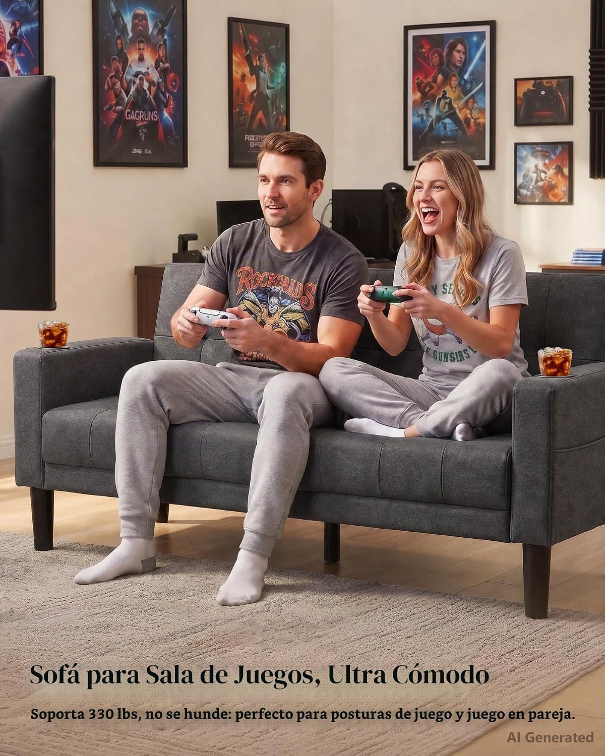 AILEEKISS Juego de 2 sofás de sala de estar de 56 pulgadas de ancho con 2 USB y reposabrazos extraíbles, tela moderna, juego de 2 sofás seccionales para apartamento, espacio pequeño, gris oscuro | AILEEKISS Button Tufted Upholstery Couch and Loveseat Set