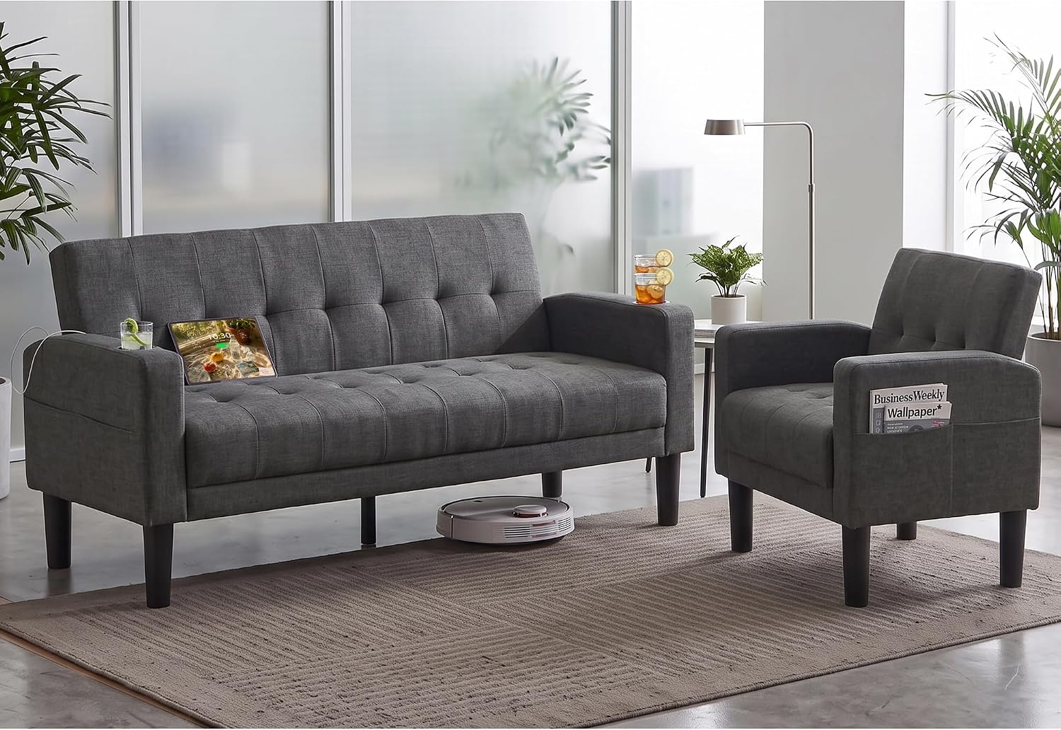 AILEEKISS Juego de 2 sofás de sala de estar de 56 pulgadas de ancho con 2 USB y reposabrazos extraíbles, tela moderna, juego de 2 sofás seccionales para apartamento, espacio pequeño, gris oscuro | AILEEKISS Button Tufted Upholstery Couch and Loveseat Set 