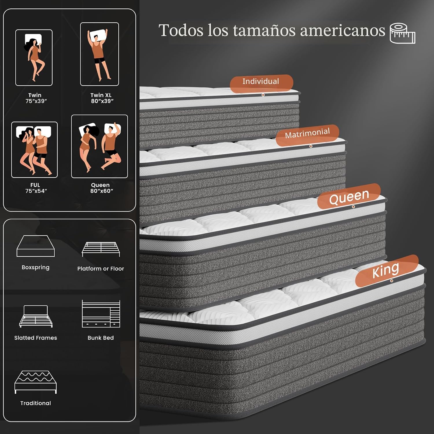PUBPLON - Colchón híbrido queen de 14 pulgadas tamaño queen, espuma viscoelástica de gel en caja, resortes interiores envueltos individualmente, soporte y alivio de presión, firmeza media