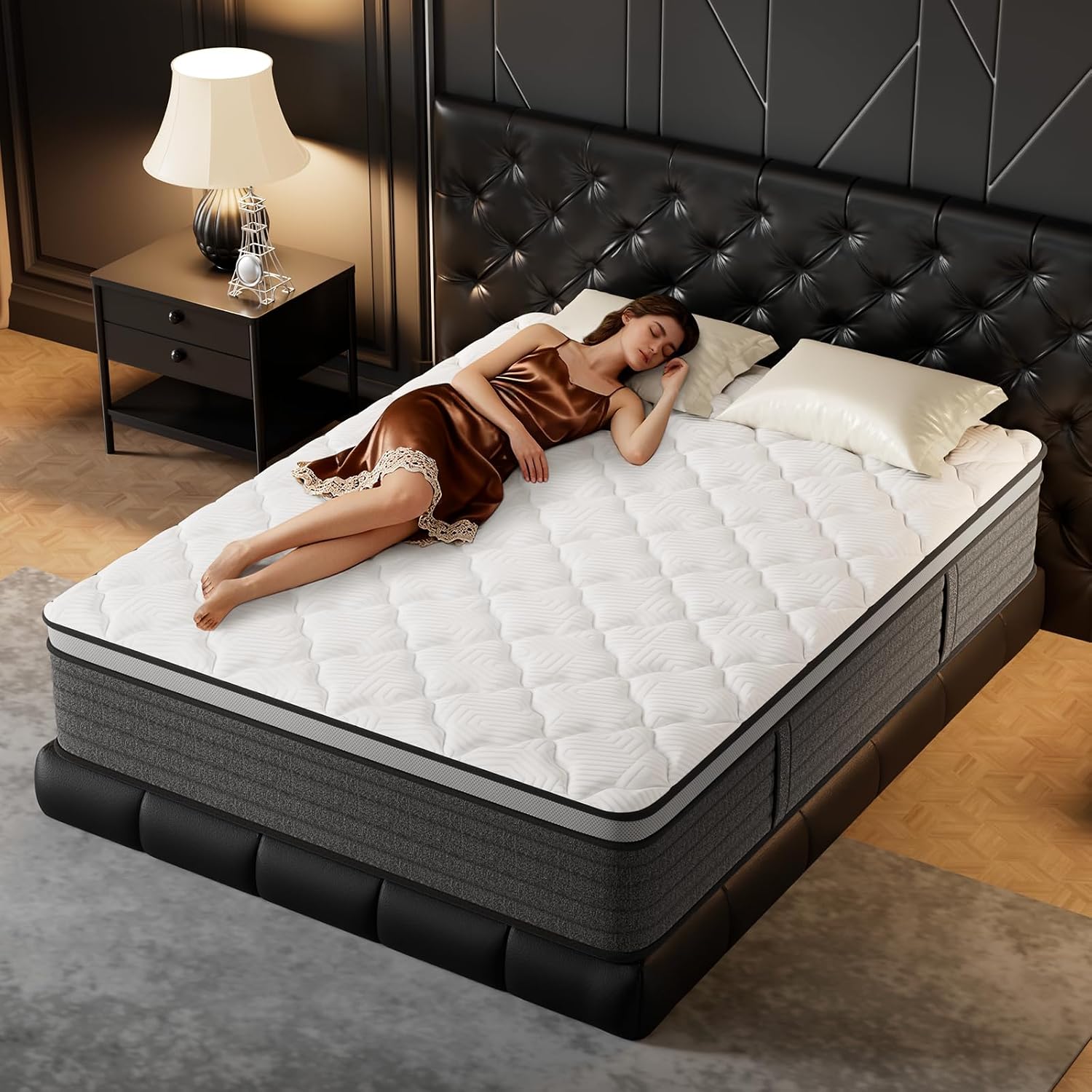 PUBPLON - Colchón híbrido queen de 14 pulgadas tamaño queen, espuma viscoelástica de gel en caja, resortes interiores envueltos individualmente, soporte y alivio de presión, firmeza media
