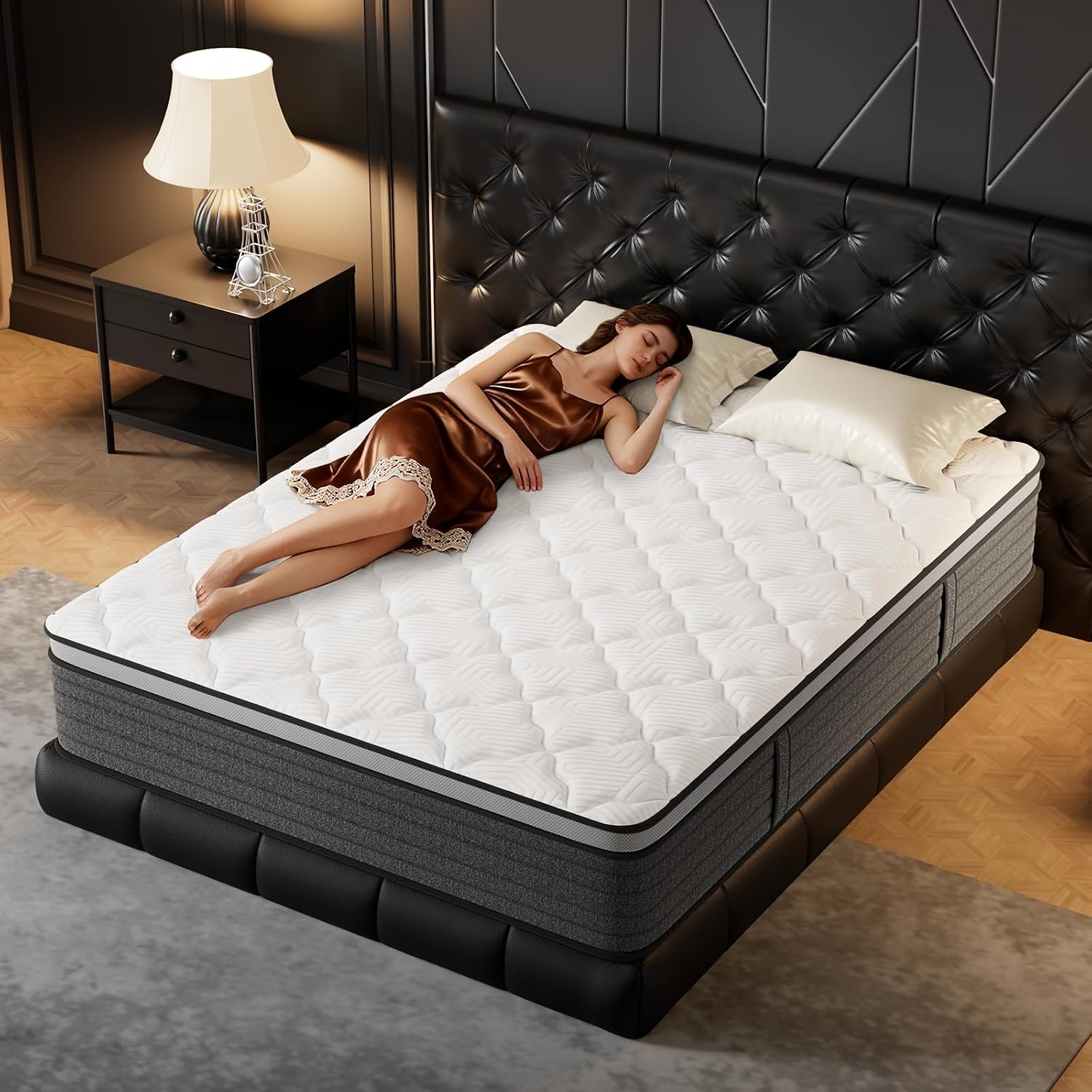 Colchón híbrido queen de 12 pulgadas en caja, espuma viscoelástica de gel y resortes interiores envueltos individualmente, soporte y alivio de presión, firmeza media