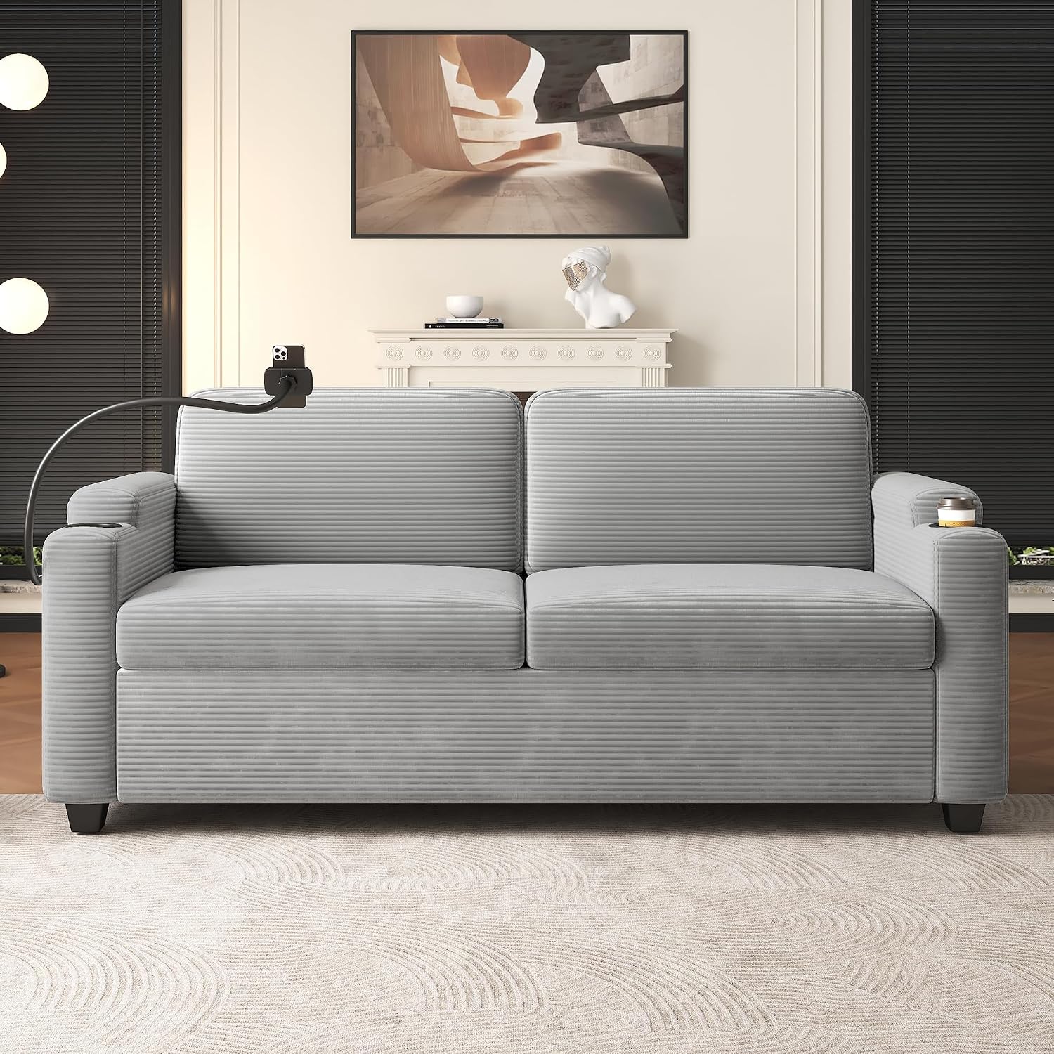 Sofá cama de pana de 72.8 pulgadas con colchón tamaño matrimonial, sofás futón con puertos USB, teléfono y portavasos, bolsillos laterales, sofá extraíble para sala de estar, sofá biplaza pequeño, gris