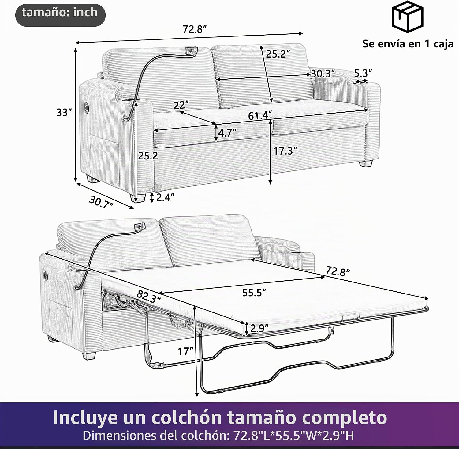 Sofá cama de pana de 72.8 pulgadas con colchón tamaño matrimonial, sofás futón con puertos USB, teléfono y portavasos, bolsillos laterales, sofá extraíble para sala de estar, sofá biplaza pequeño, gris
