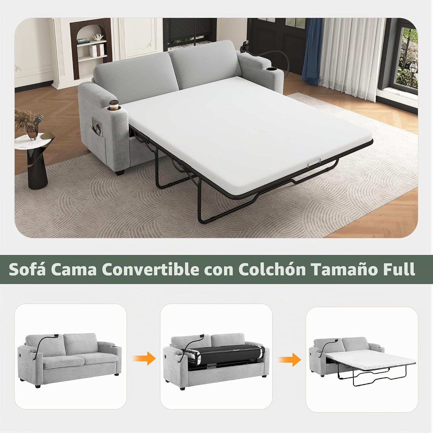 Sofá cama de pana de 72.8 pulgadas con colchón tamaño matrimonial, sofás futón con puertos USB, teléfono y portavasos, bolsillos laterales, sofá extraíble para sala de estar, sofá biplaza pequeño, gris