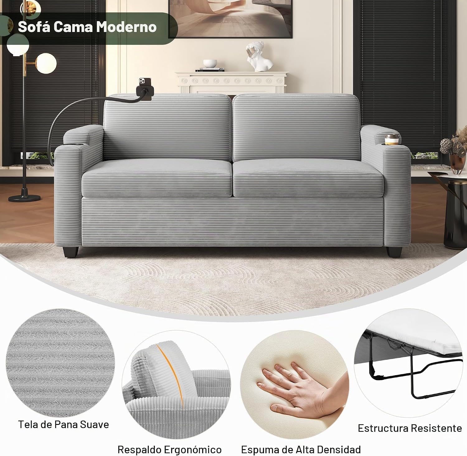 Sofá cama de pana de 72.8 pulgadas con colchón tamaño matrimonial, sofás futón con puertos USB, teléfono y portavasos, bolsillos laterales, sofá extraíble para sala de estar, sofá biplaza pequeño, gris