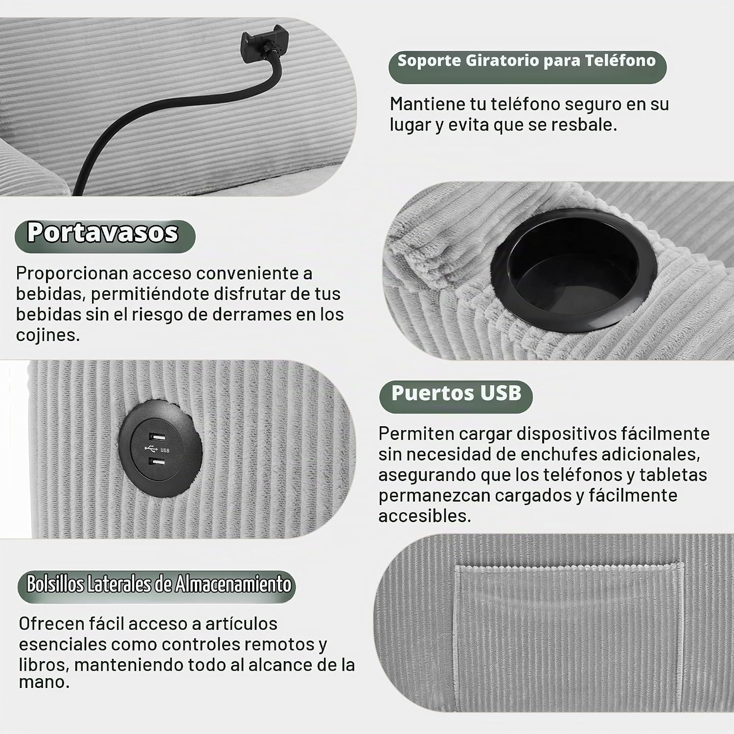 Sofá cama de pana de 72.8 pulgadas con colchón tamaño matrimonial, sofás futón con puertos USB, teléfono y portavasos, bolsillos laterales, sofá extraíble para sala de estar, sofá biplaza pequeño, gris