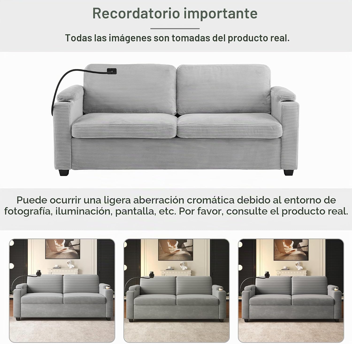Sofá cama de pana de 72.8 pulgadas con colchón tamaño matrimonial, sofás futón con puertos USB, teléfono y portavasos, bolsillos laterales, sofá extraíble para sala de estar, sofá biplaza pequeño, gris